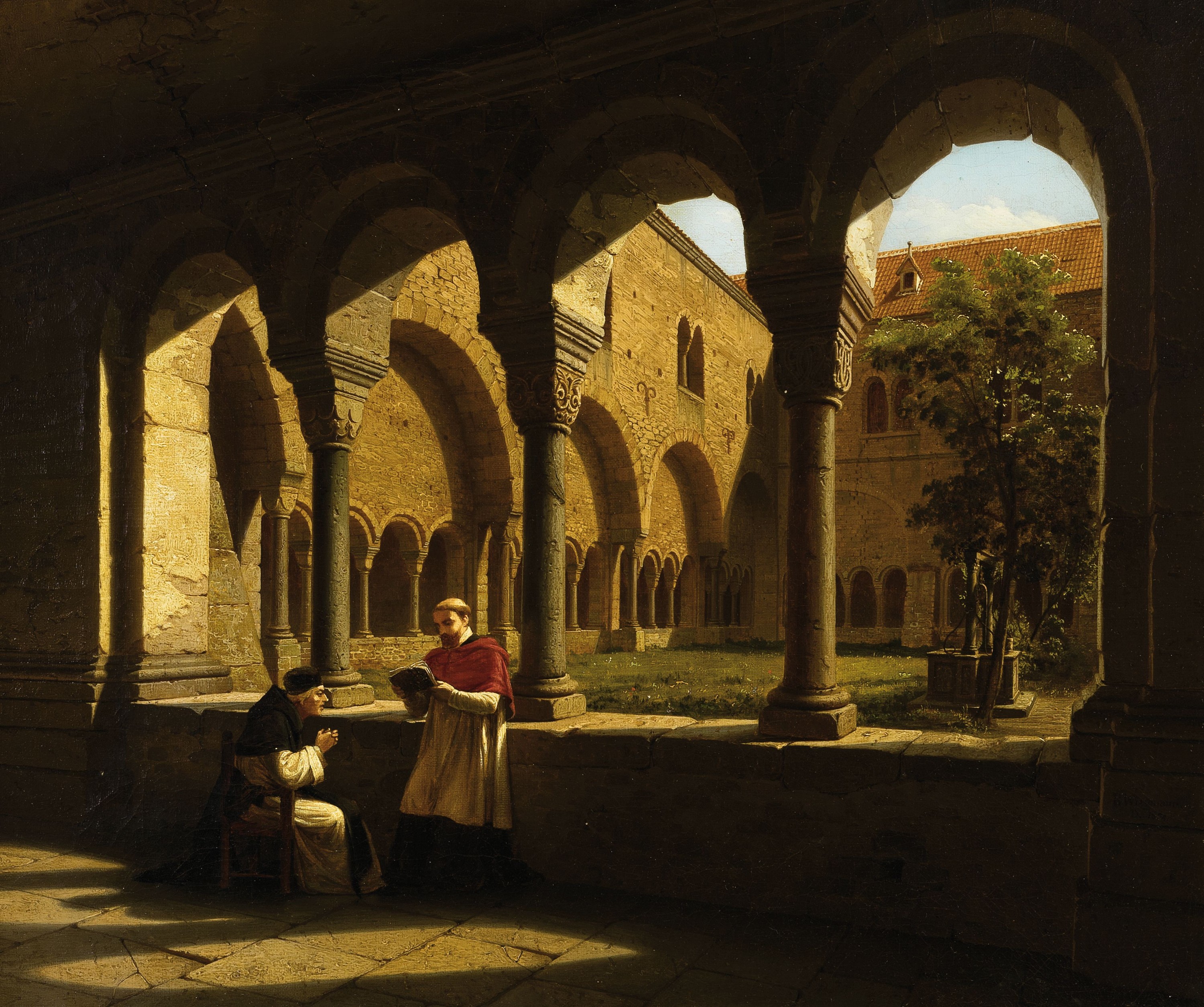 Rudolf Wiegmann, 1804 Adensen-1865 Düsseldorf, Architektur-Vedute: zwei Geistliche im Kreuzgang des Bonner Münsters, Öl/Lwd, rechts unten signiert ...