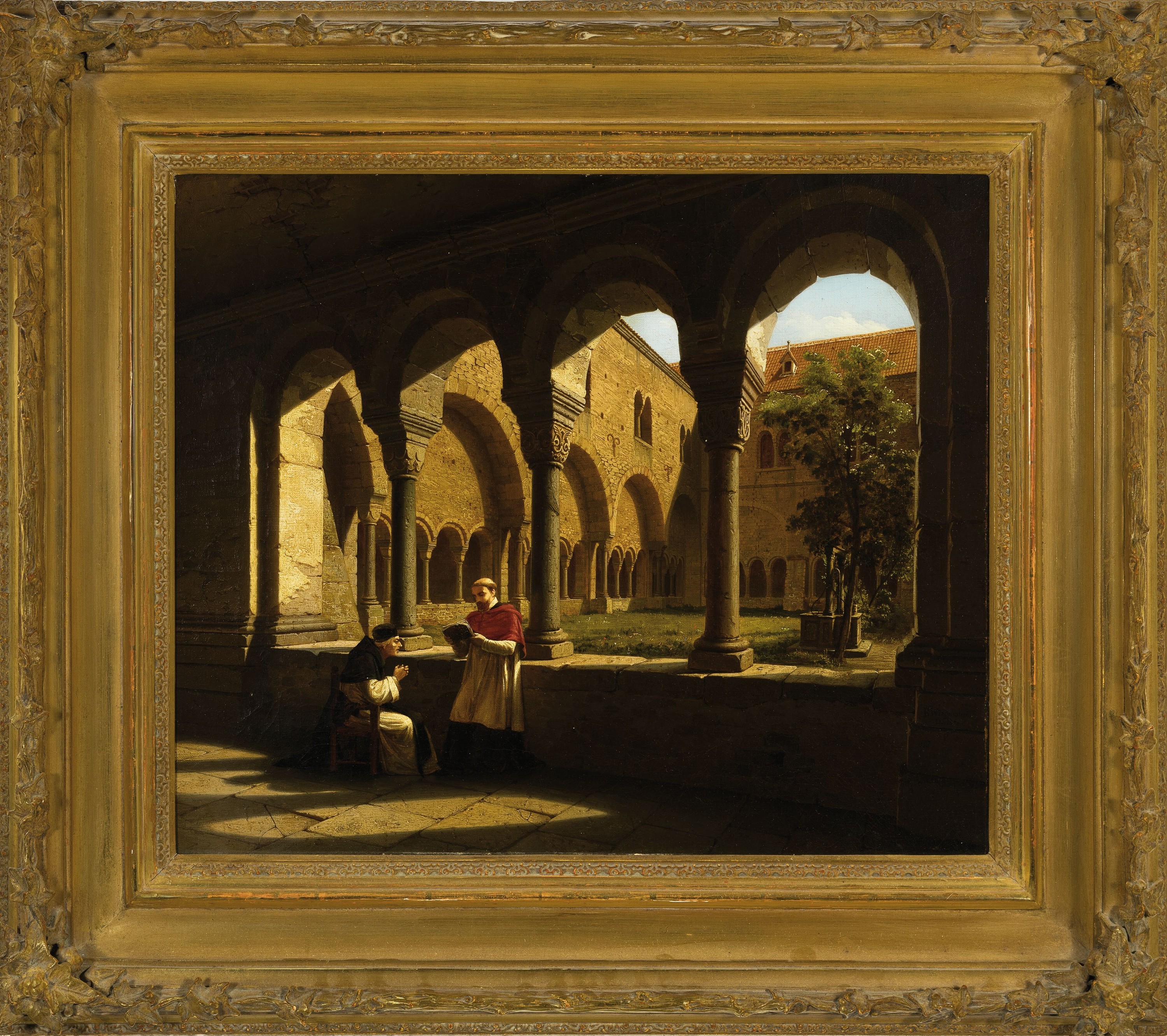 Detail k: Rudolf Wiegmann, 1804 Adensen-1865 Düsseldorf, Architektur-Vedute: zwei Geistliche im Kreuzgang des Bonner Münsters, Öl/Lwd, rechts unten signiert ...