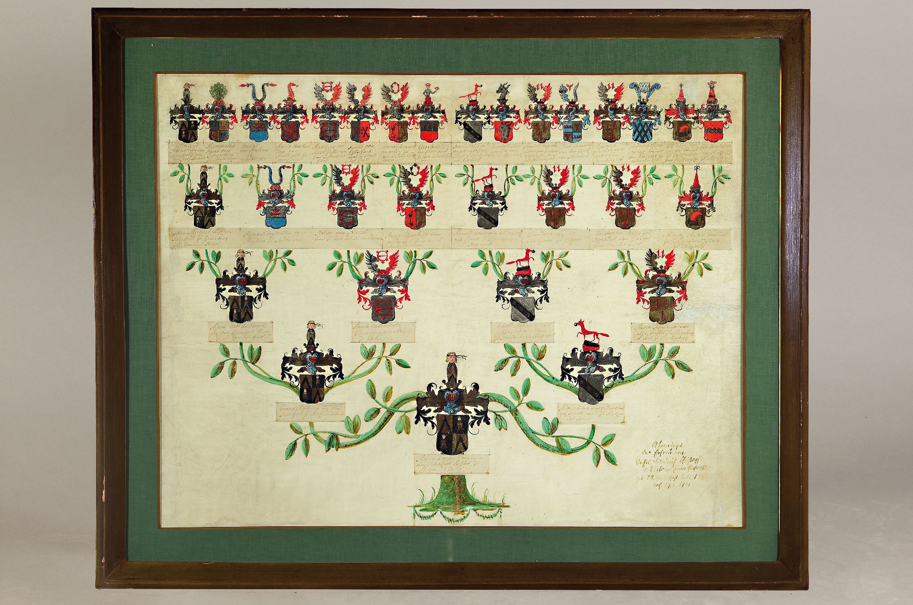 Detail a: Stammbaum der Familie von Westrem in zwei Blättern, der erste datiert 1789, vier Generationen mit Namen und Wappen, handgemalt und handgeschrieben, ...