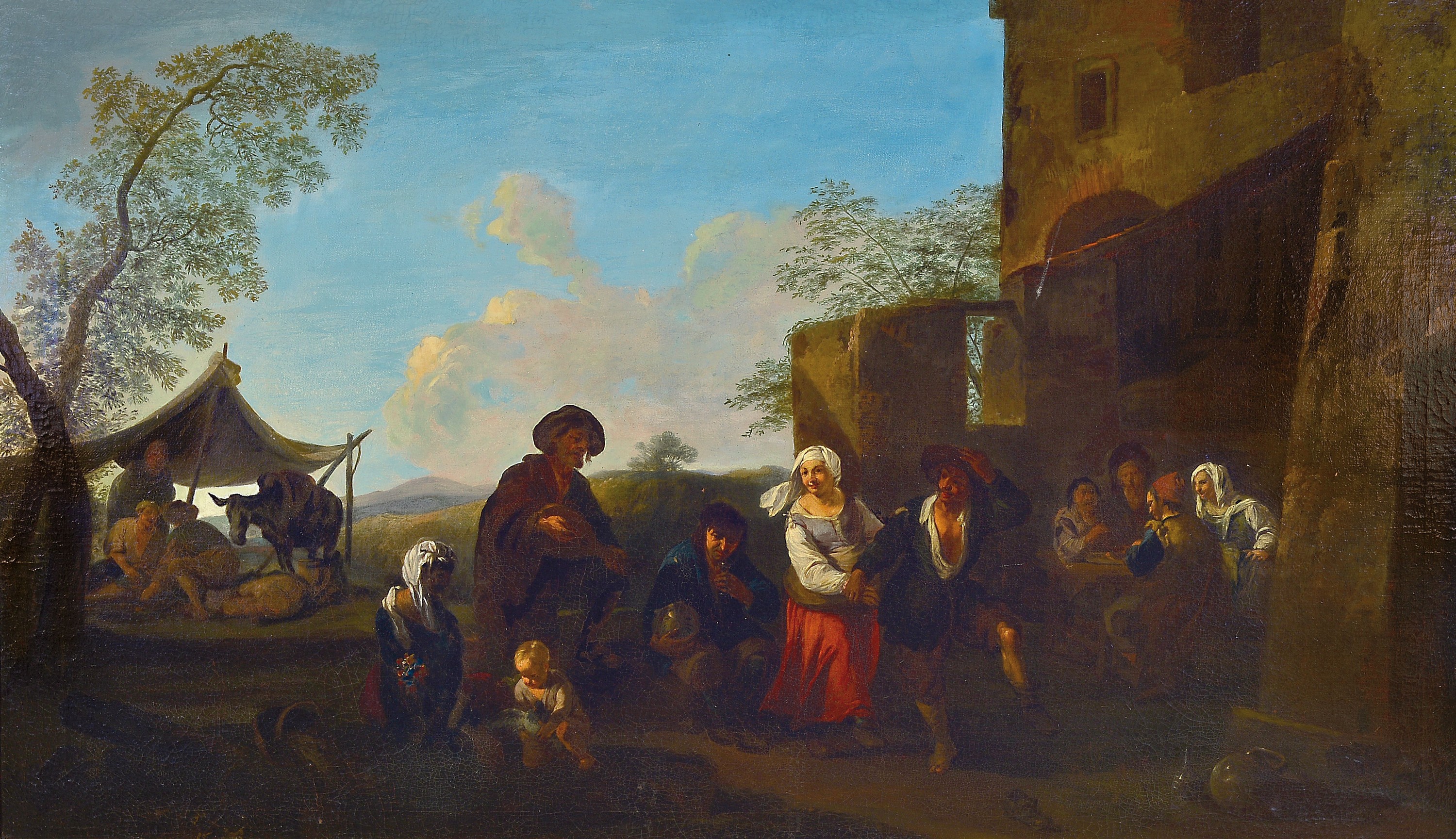 Zuschreibung: Karel Dujardin, 1622 Amsterdam -1678 Venedig, Reisende auf der Rast, spielende Gruppe in ruinenhaftem Gebäude und feiernde Gruppe im ...