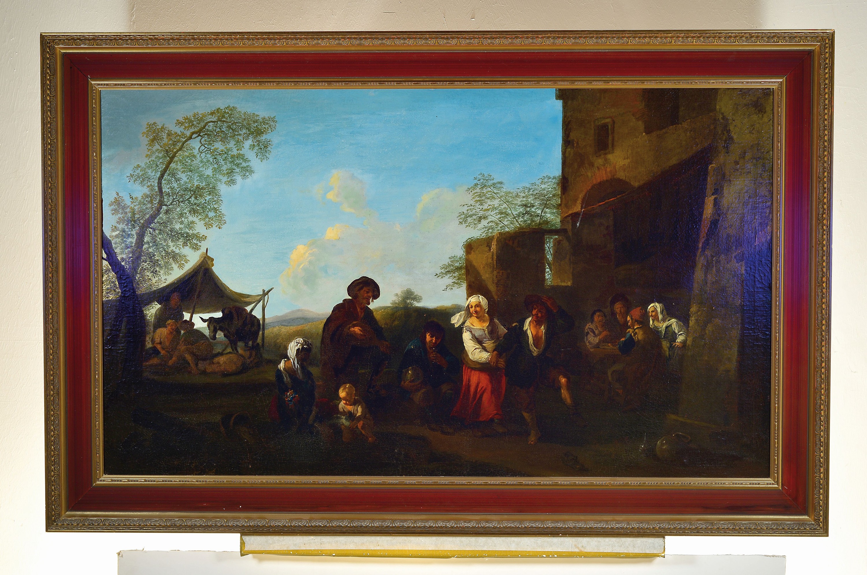 Detail k: Zuschreibung: Karel Dujardin, 1622 Amsterdam -1678 Venedig, Reisende auf der Rast, spielende Gruppe in ruinenhaftem Gebäude und feiernde Gruppe im ...