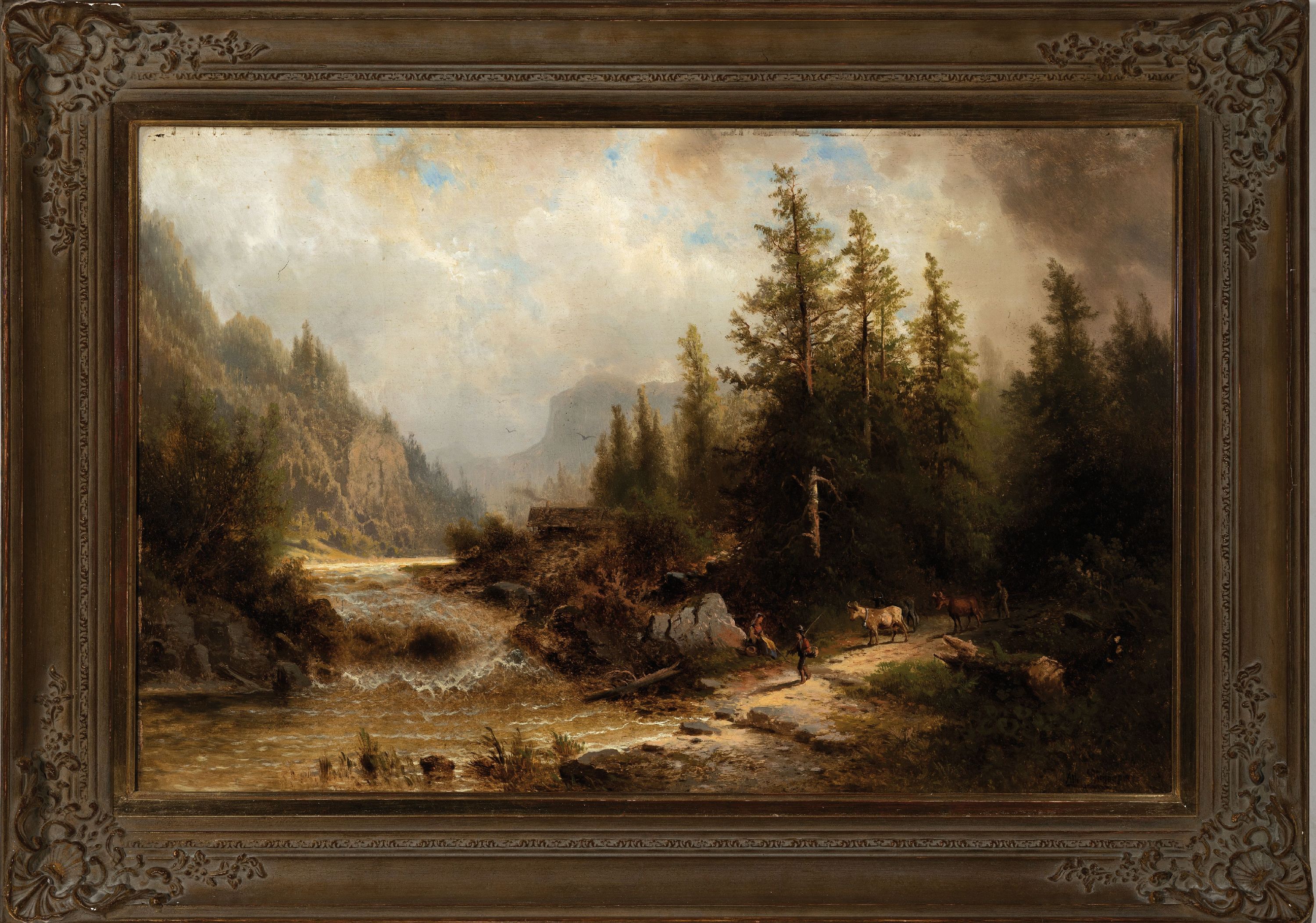 Detail k: Albert Rieger, 1834 Triest-1905 Wien, Landschaft mit Wildbach, Begegnung eines Wanderers mit einer jungen Frau und einem Kuhhirten, Öl/Holz. rechts ...