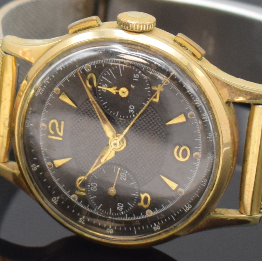 Detail b: Set 2 vergoldete Armbandchronographen, beide Schweiz um 19580, Handaufzug, Edelstahlböden aufgedr., 1.)x La Leuba, schwarzes Zifferbl. Kal. Venus ...