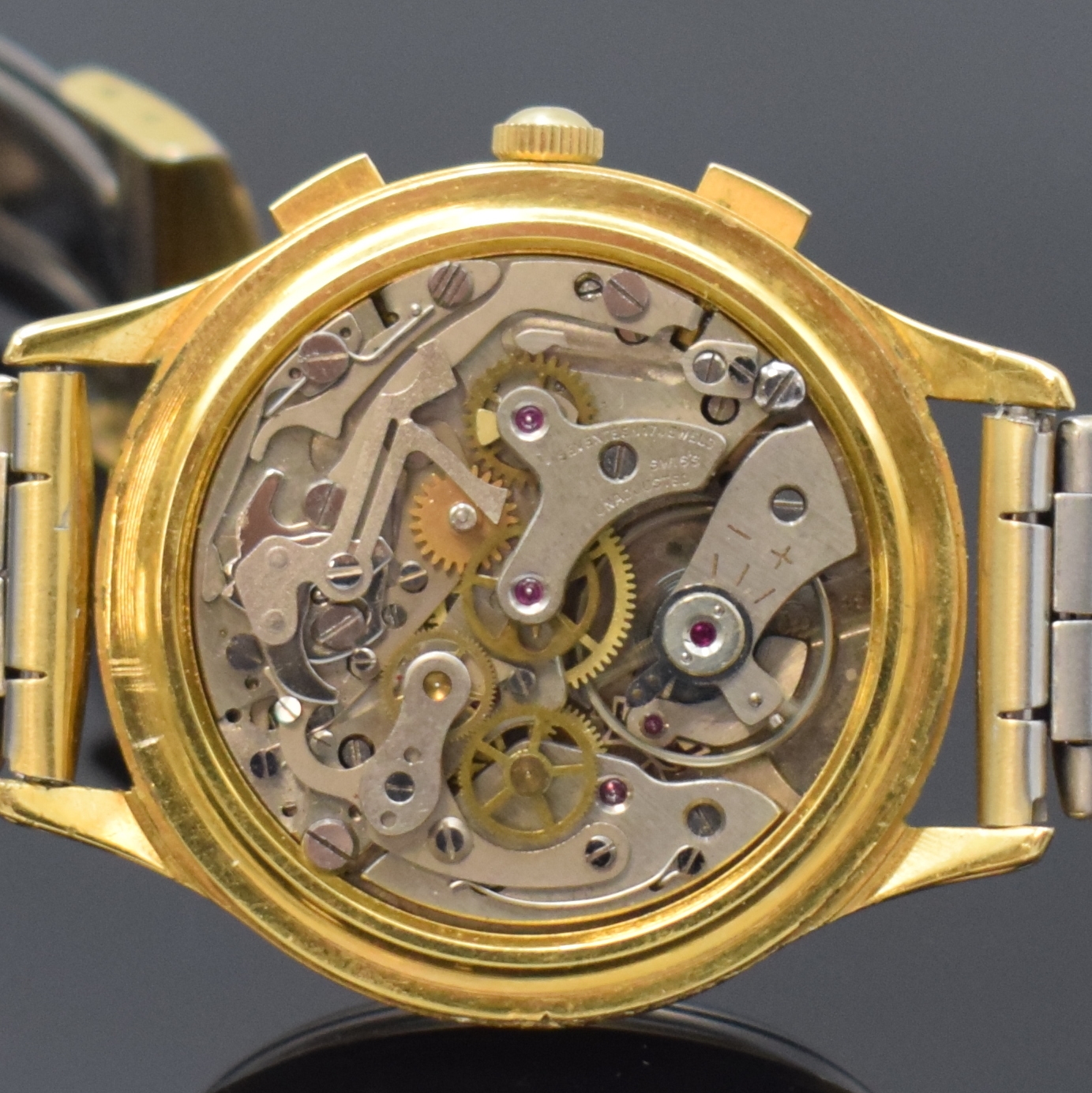 Detail g: Set 2 vergoldete Armbandchronographen, beide Schweiz um 19580, Handaufzug, Edelstahlböden aufgedr., 1.)x La Leuba, schwarzes Zifferbl. Kal. Venus ...