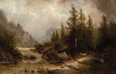 Image 26888540 - Albert Rieger, 1834 Triest-1905 Wien, Landschaft mit Wildbach, Begegnung eines Wanderers ...