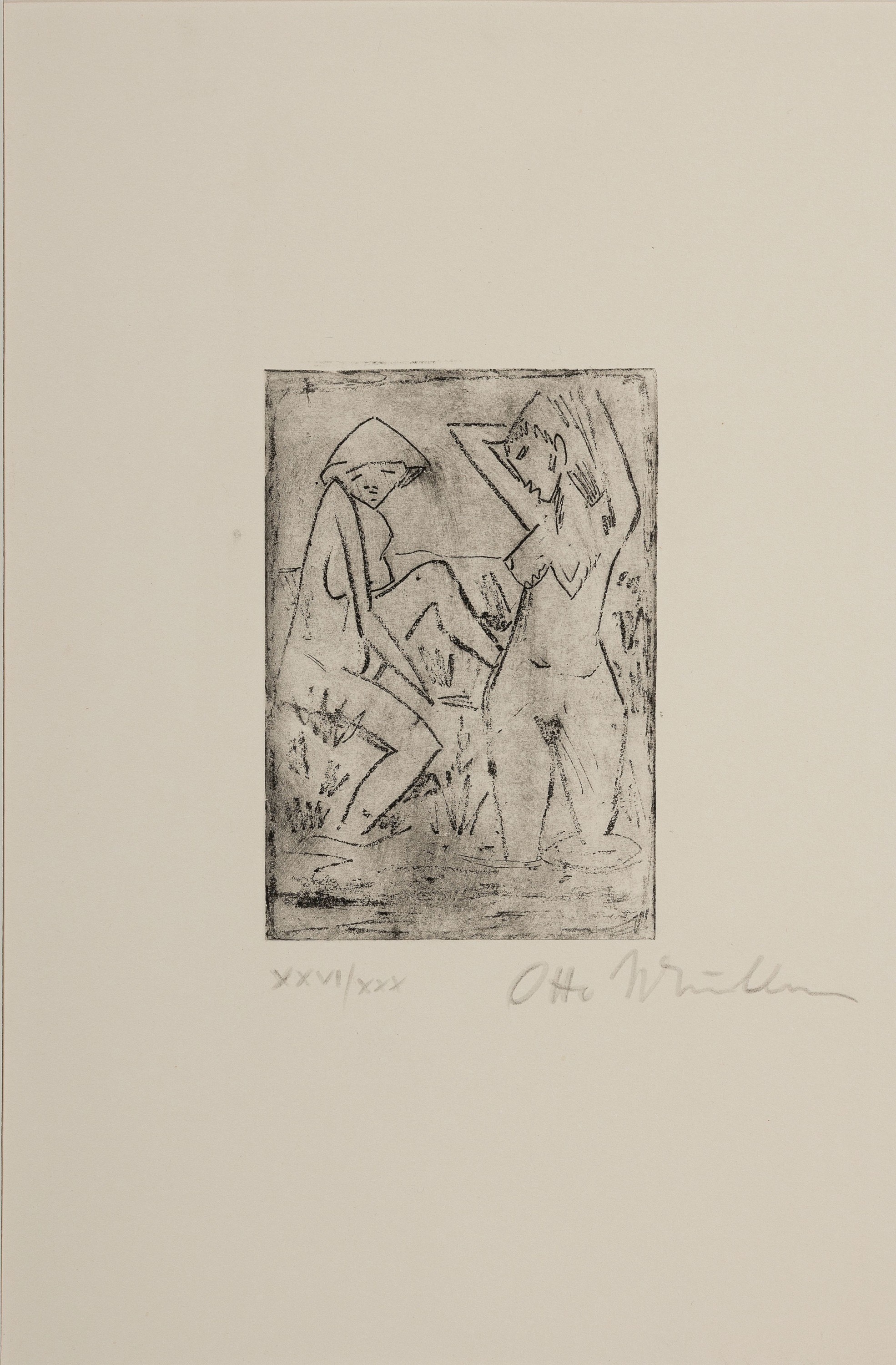 ---entfällt--- Otto Müller, 1874 Liebau-1930 Obernigk, Im Wasser stehendes und am Ufer sitzendes Mädchen mit Hut, Lithographie von 1922, ...
