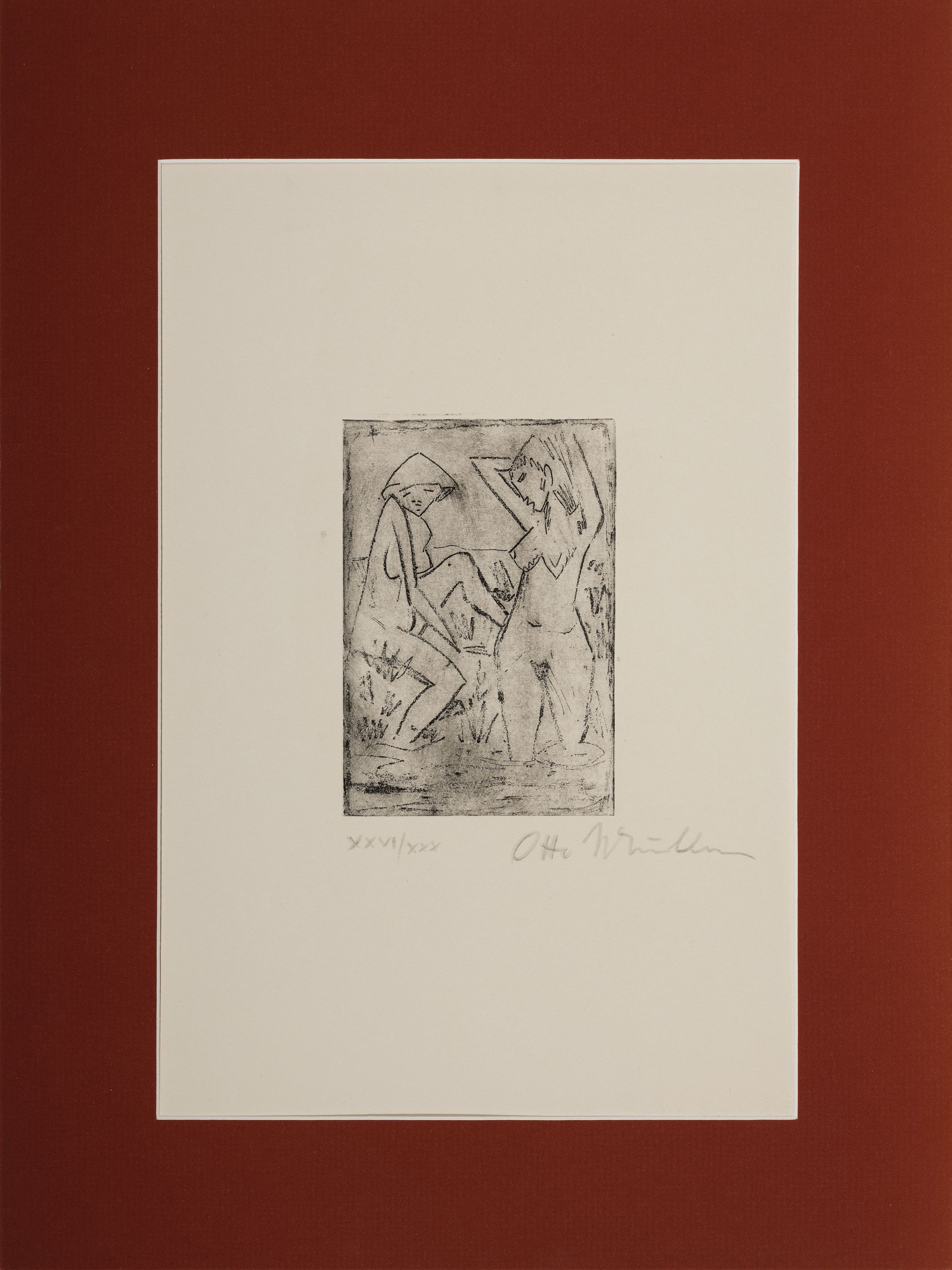 Detail k: ---entfällt--- Otto Müller, 1874 Liebau-1930 Obernigk, Im Wasser stehendes und am Ufer sitzendes Mädchen mit Hut, Lithographie von 1922, ...