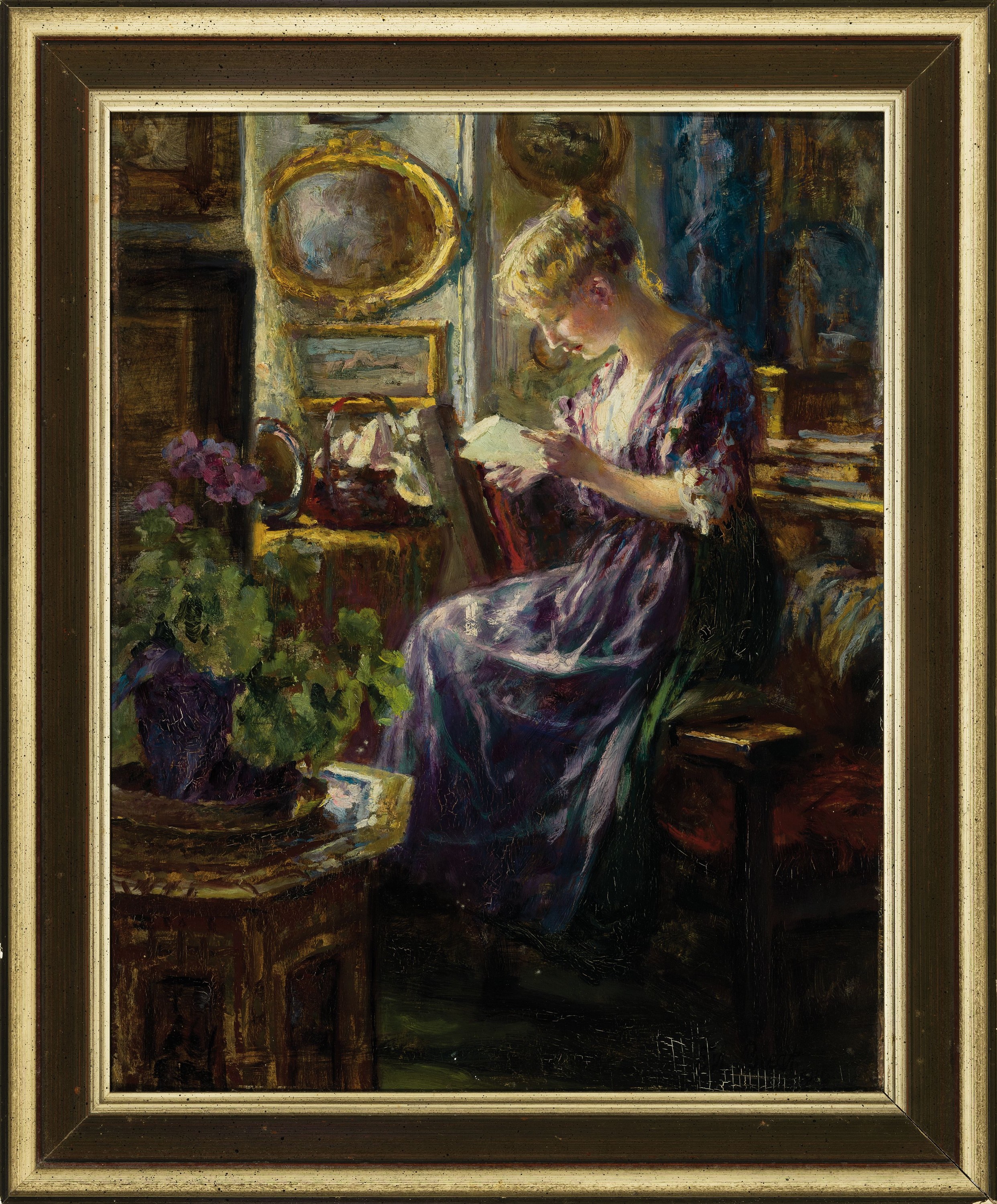 Detail k: Ferdinand Max Bredt, 1860 Leipzig-1921 Ruhpolding, "Frohe Botschaft" rückseitig so betitelt, junge Frau beim Lesen eines Briefes am ...