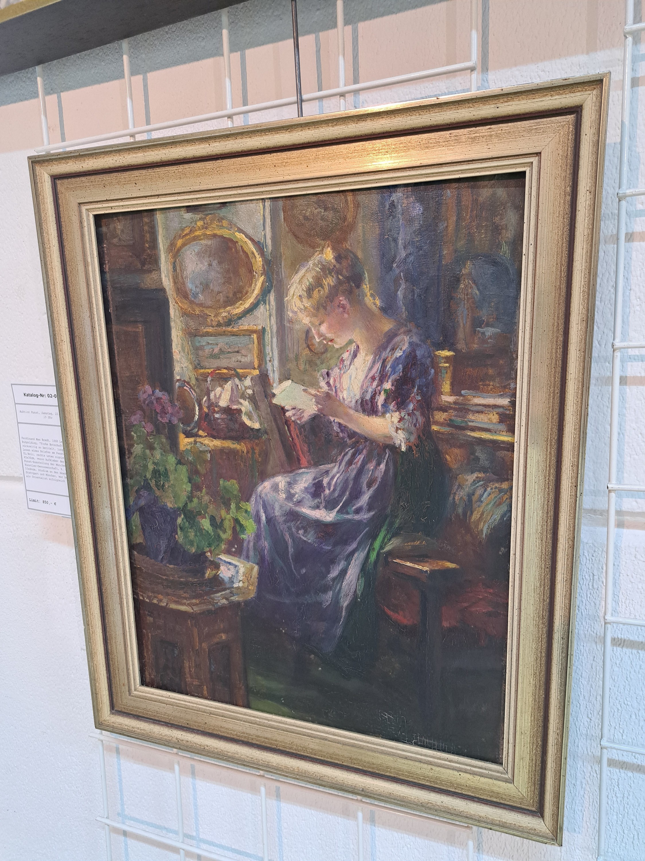 Detail l: Ferdinand Max Bredt, 1860 Leipzig-1921 Ruhpolding, "Frohe Botschaft" rückseitig so betitelt, junge Frau beim Lesen eines Briefes am ...