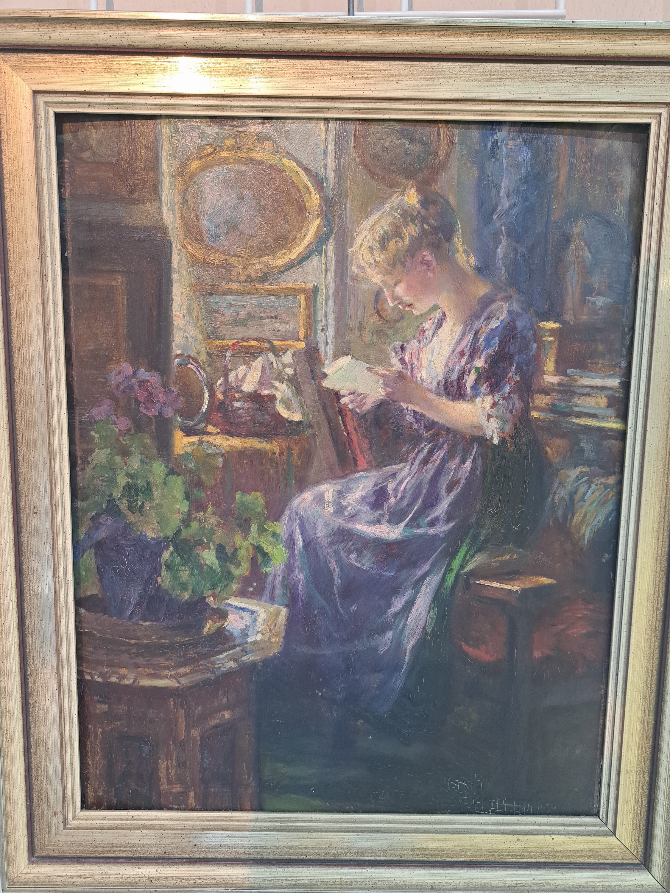 Detail m: Ferdinand Max Bredt, 1860 Leipzig-1921 Ruhpolding, "Frohe Botschaft" rückseitig so betitelt, junge Frau beim Lesen eines Briefes am ...