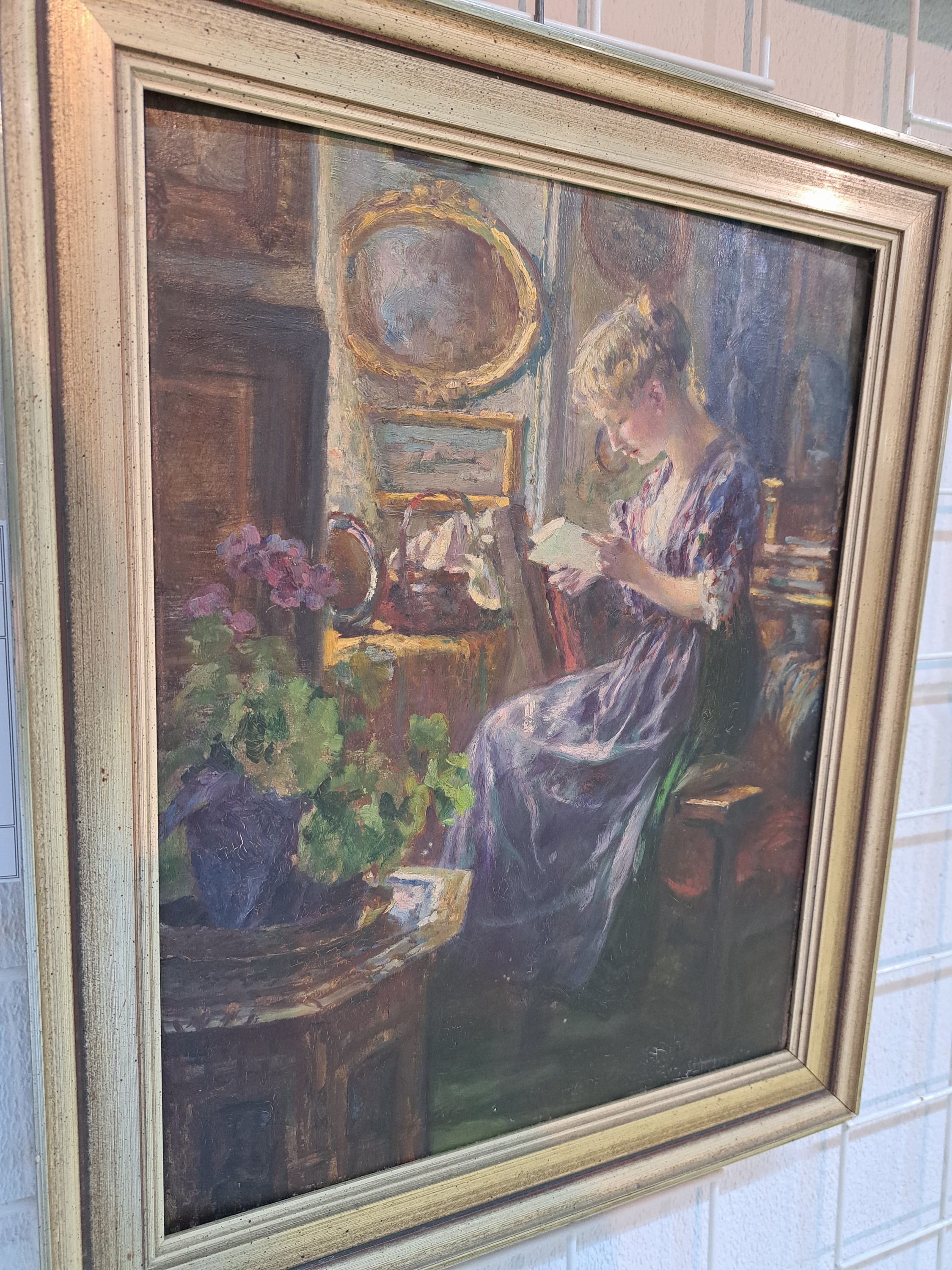 Detail n: Ferdinand Max Bredt, 1860 Leipzig-1921 Ruhpolding, "Frohe Botschaft" rückseitig so betitelt, junge Frau beim Lesen eines Briefes am ...