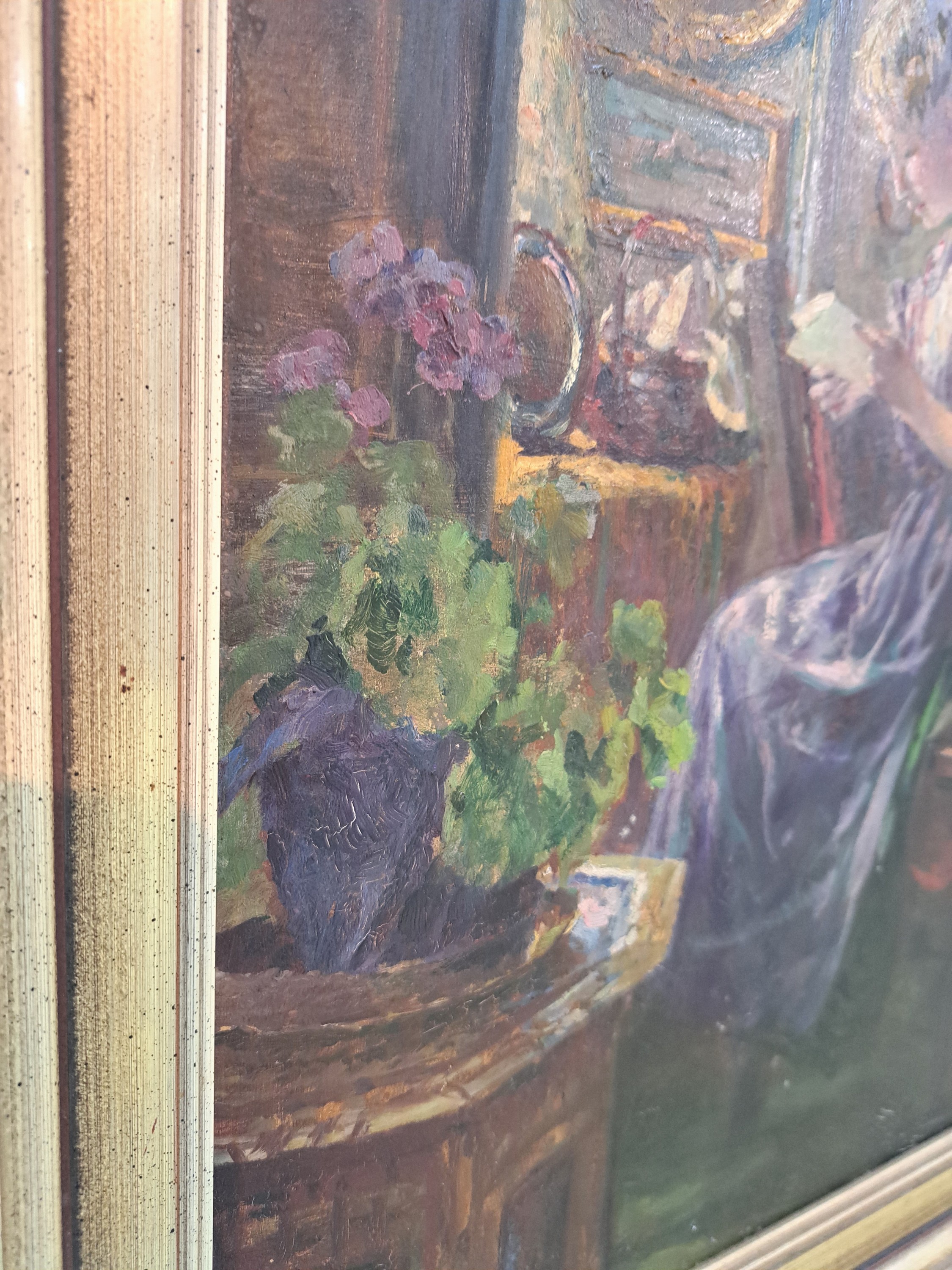 Detail p: Ferdinand Max Bredt, 1860 Leipzig-1921 Ruhpolding, "Frohe Botschaft" rückseitig so betitelt, junge Frau beim Lesen eines Briefes am ...