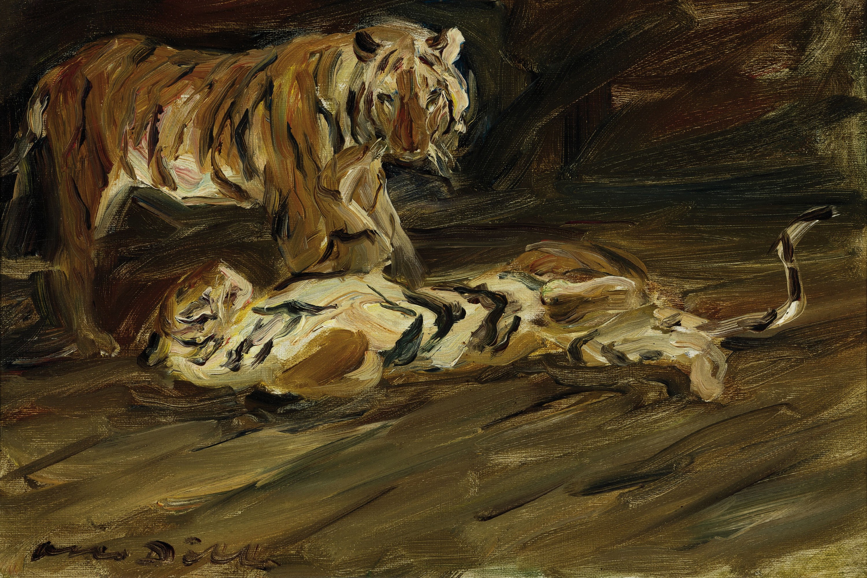 Otto Dill, 1884 Neustadt-1957 Bad Dürkheim, zwei Tiger, Öl/Lwd, doubl., links unten sign., ca. 27.5x40.5cm, R. ca. 36x49cm