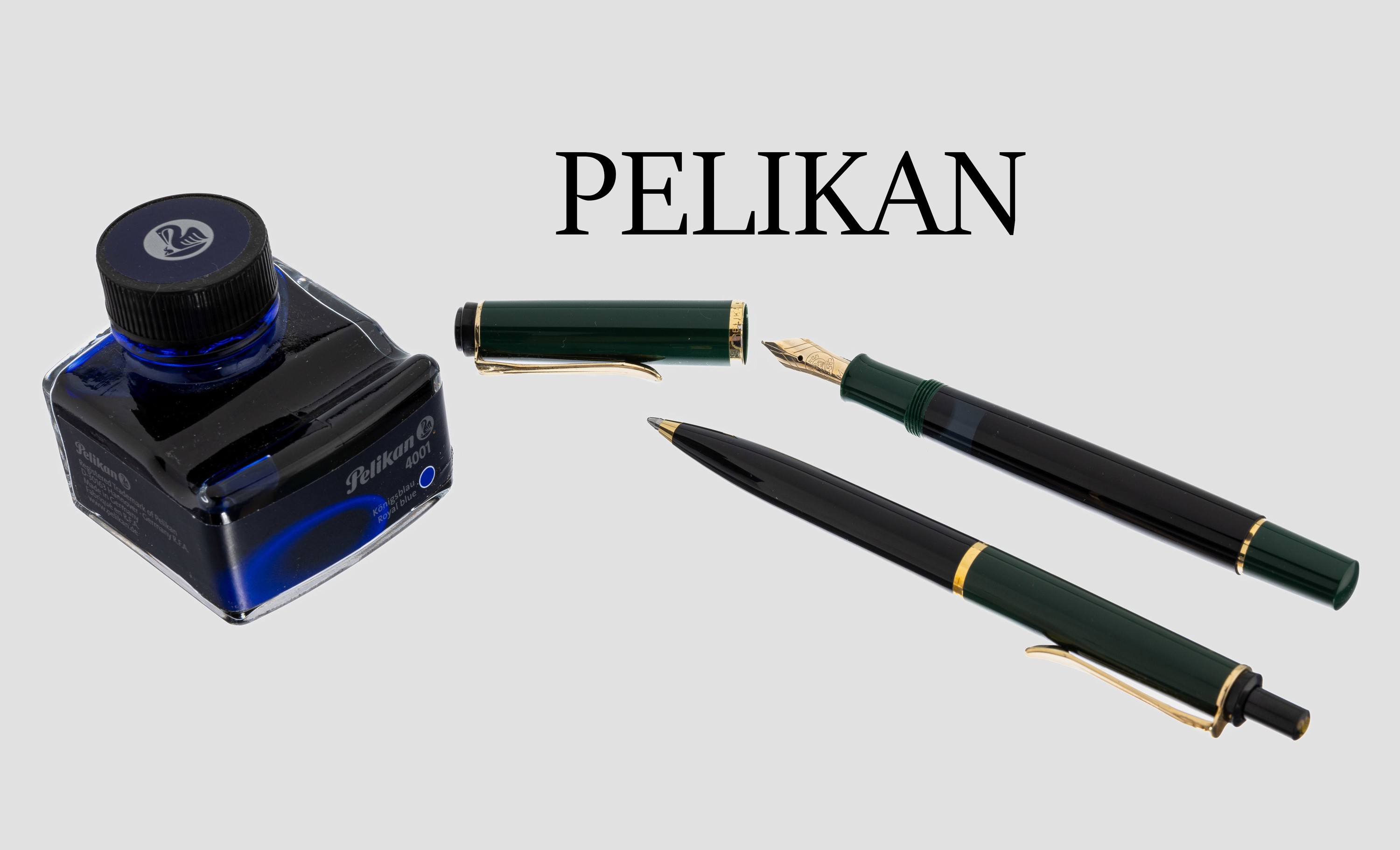 Pelikan Schreibset, best. Kolbenfüller, Kugelschreiber und Tintenfass, schwarzer und grüner Hartlack, Füller-Feder GG 585/000, Stärke M, in ...