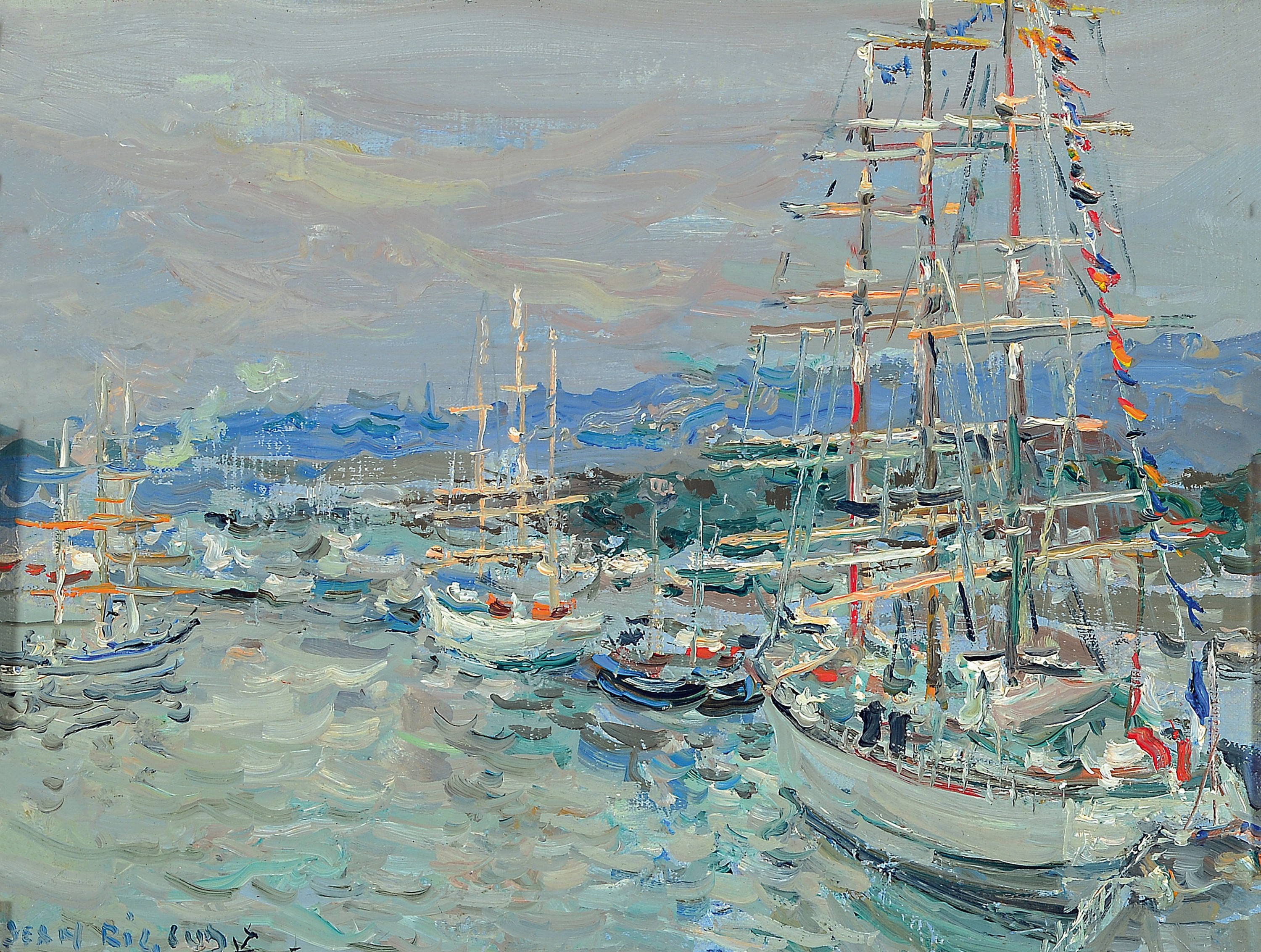 Jean Rigaud, 1912 Bordeaux-1999, "Rouen. L'Armada de La Liberte" so verso betitelt, Hafenansicht mit Segelschiffen, 1994, links unten ...