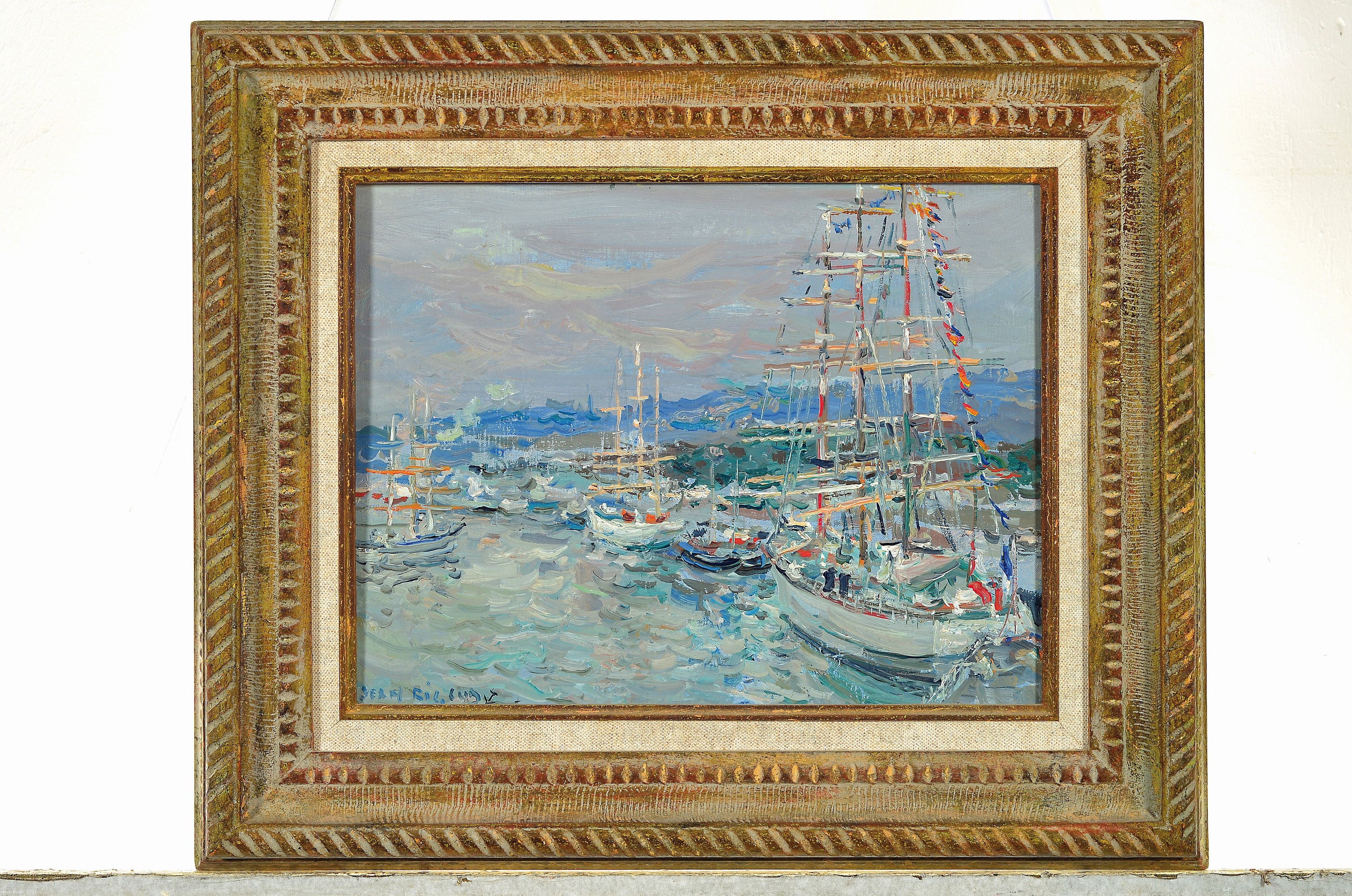 Detail k: Jean Rigaud, 1912 Bordeaux-1999, "Rouen. L'Armada de La Liberte" so verso betitelt, Hafenansicht mit Segelschiffen, 1994, links unten ...