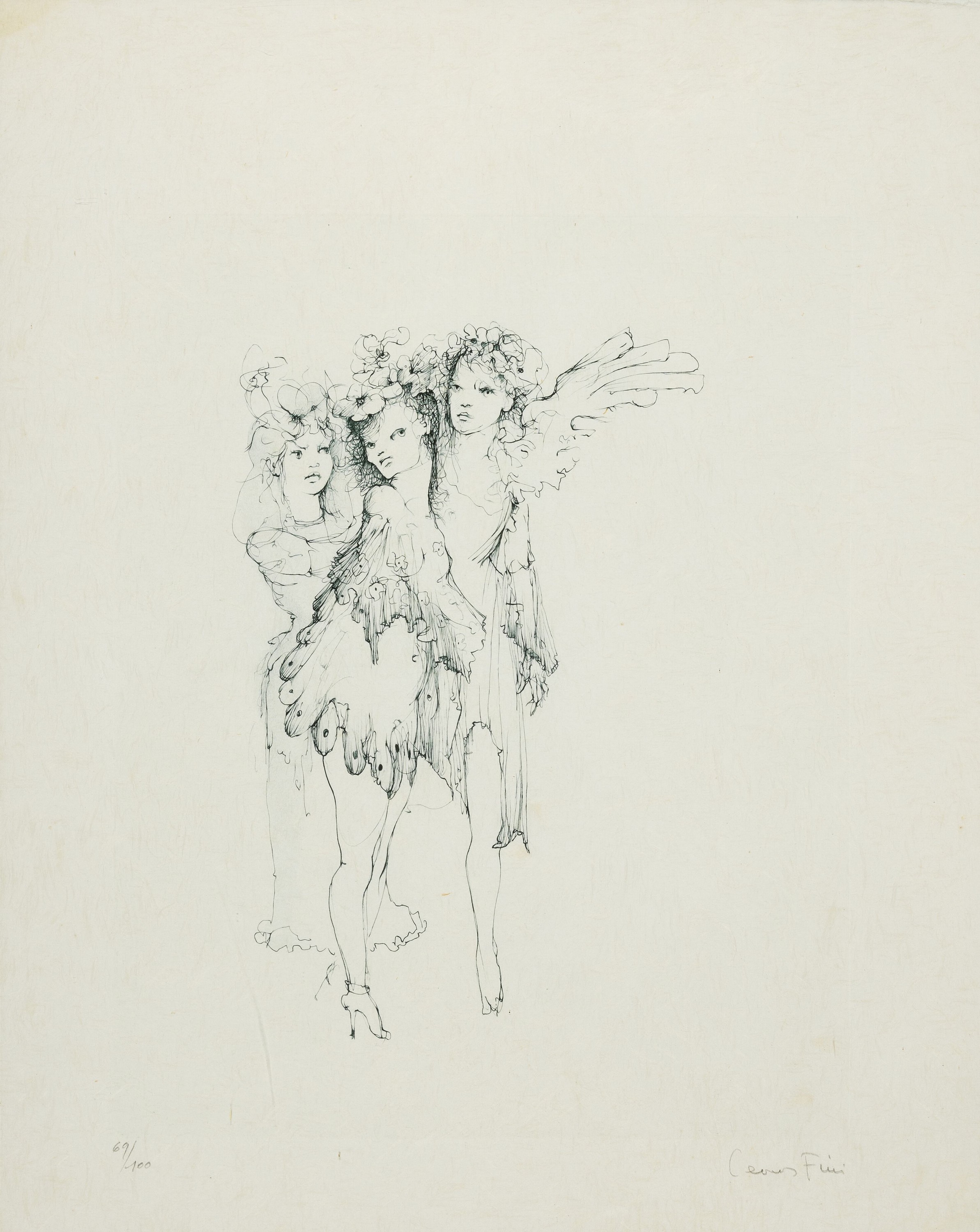 Leonor Fini, 1907 Buenos Aires-1996 Paris, Radierung, Drei Feen, Ed. 69/100, handsigniert, auf Bütten, unter PP und Glas gerahmt 70x50 cm