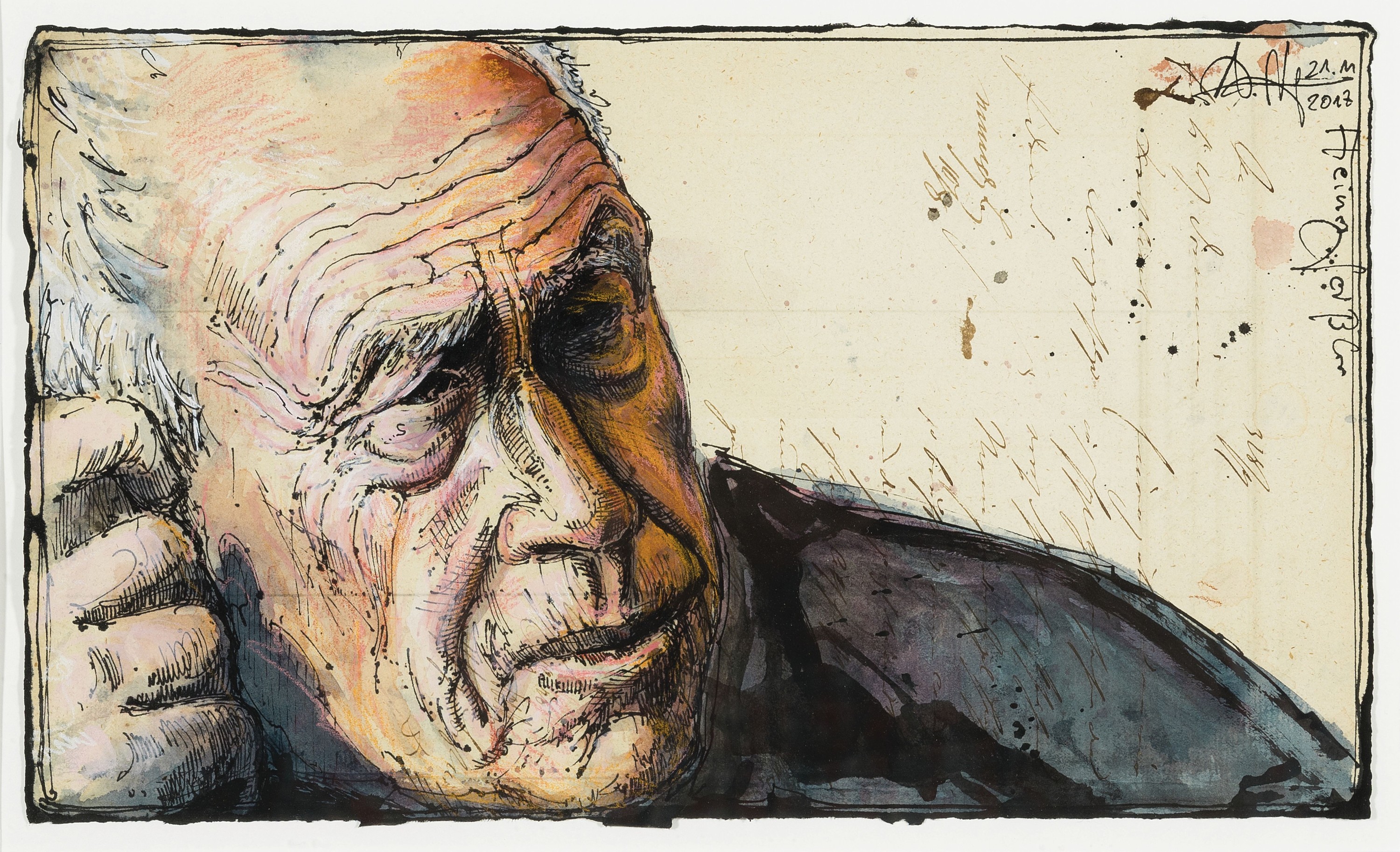 Andreas Noßmann, geb. 1962, "Heiner Geißler" Feder, Aquarell und Farbstift auf Papier, handsigniert und datiert 22.11.2017, aus 2017, WVZ ...