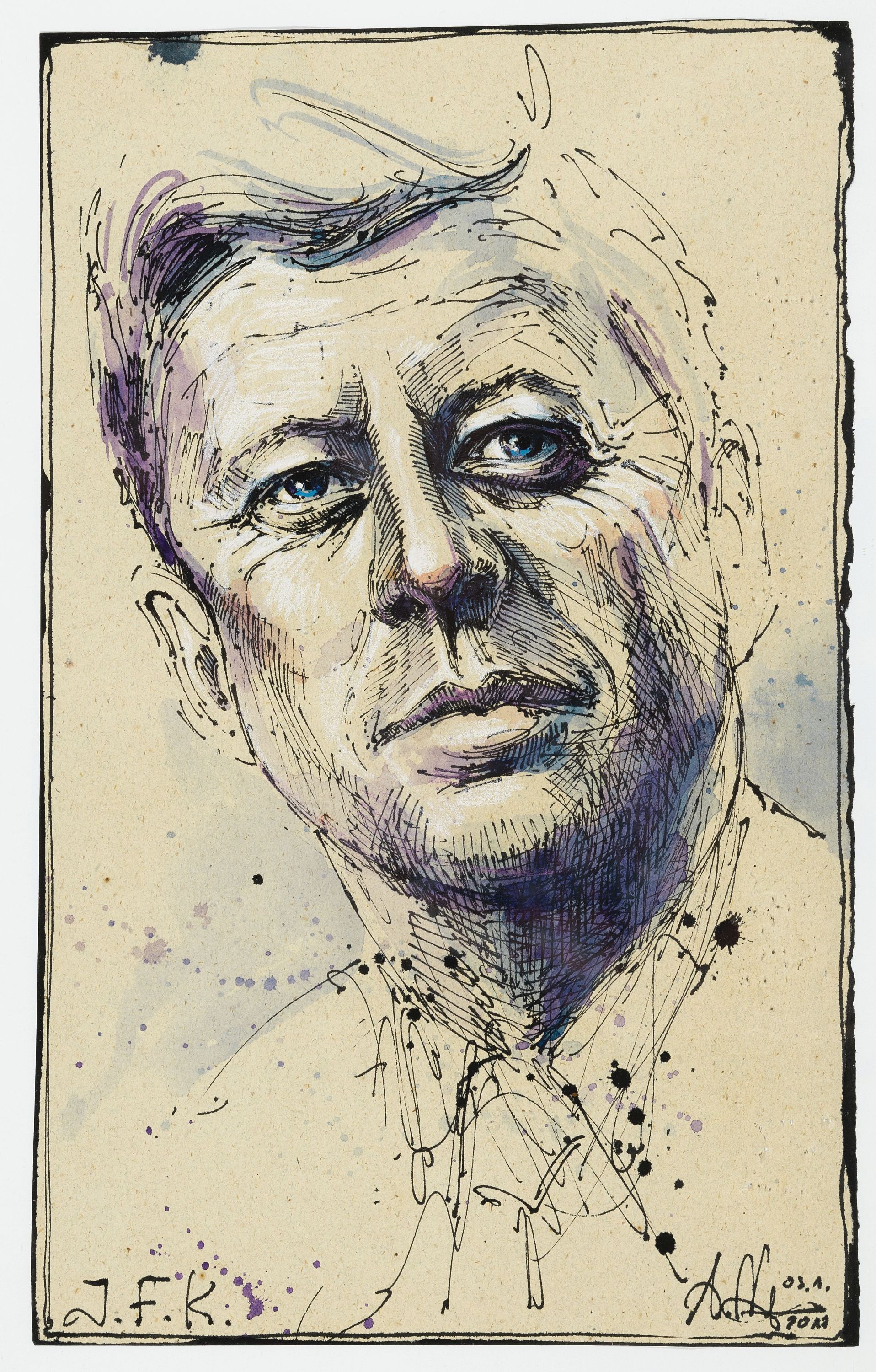 Andreas Noßmann, geb. 1962, "J.F.K." (John Kennedy), Feder, Aquarell und Farbstift auf Papier, handsigniert und datiert 3.1.2017, aus2017, ...