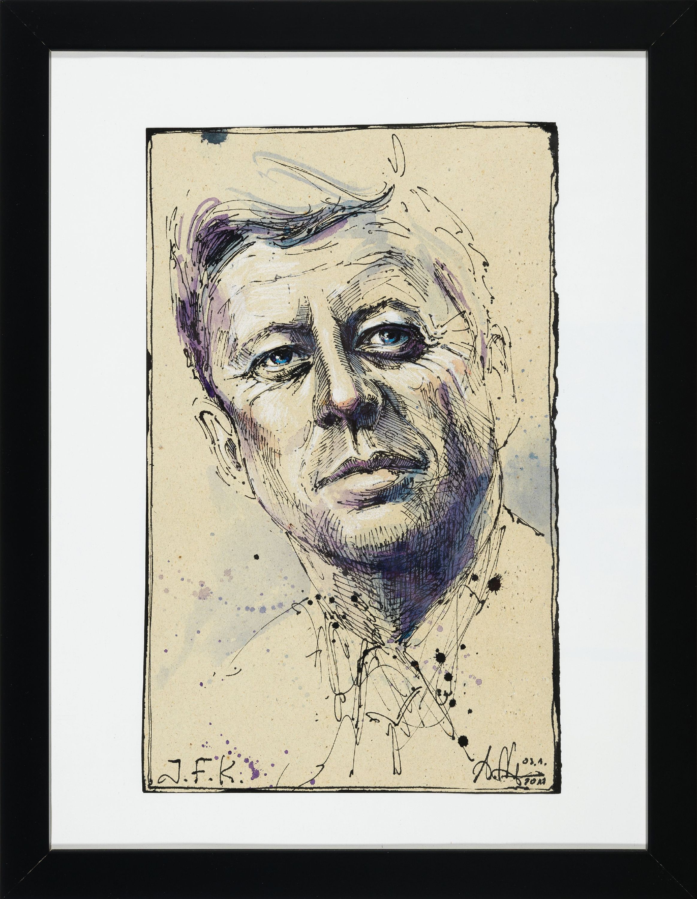 Detail k: Andreas Noßmann, geb. 1962, "J.F.K." (John Kennedy), Feder, Aquarell und Farbstift auf Papier, handsigniert und datiert 3.1.2017, aus2017, ...