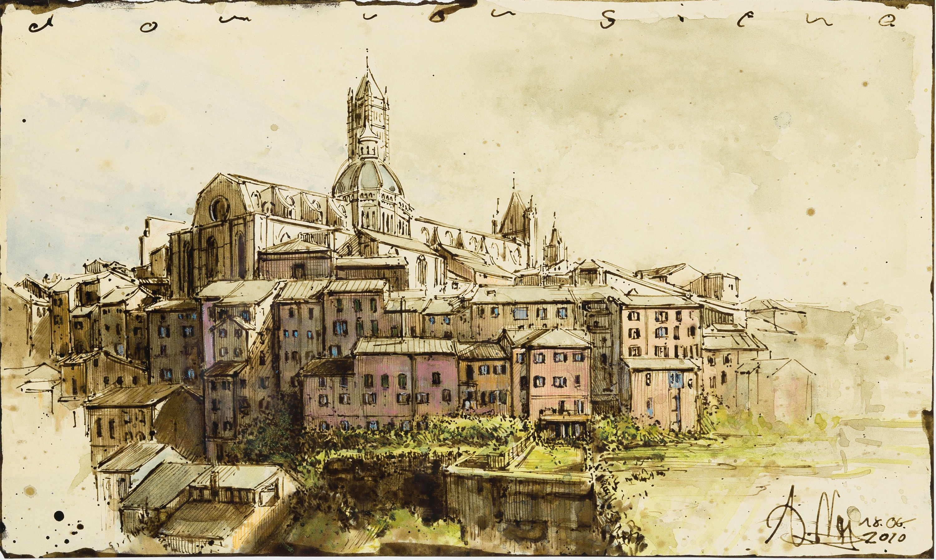 Andreas Noßmann, geb. 1962, Aquarell/Federzeichnung, Siena, auf Papier, handsigniert und dat. 18.06.2010, ca. 19.5 x 32.5 cm, unter Glas, Rahmen ca. ...