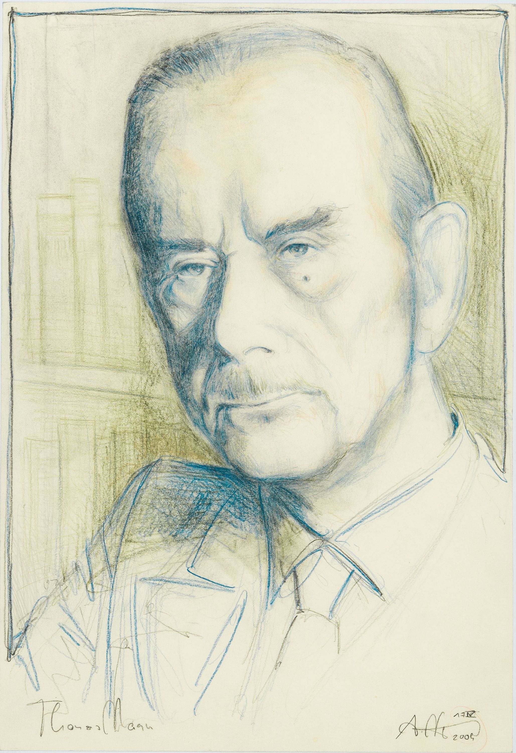 Andreas Noßmann, geb. 1962, Buntstift auf Papier, Thomas Mann, handsigniert, dat. 2009, ca. 46 x 31 cm, unter Glas Rahmen ca. 63 x 52.5 cm