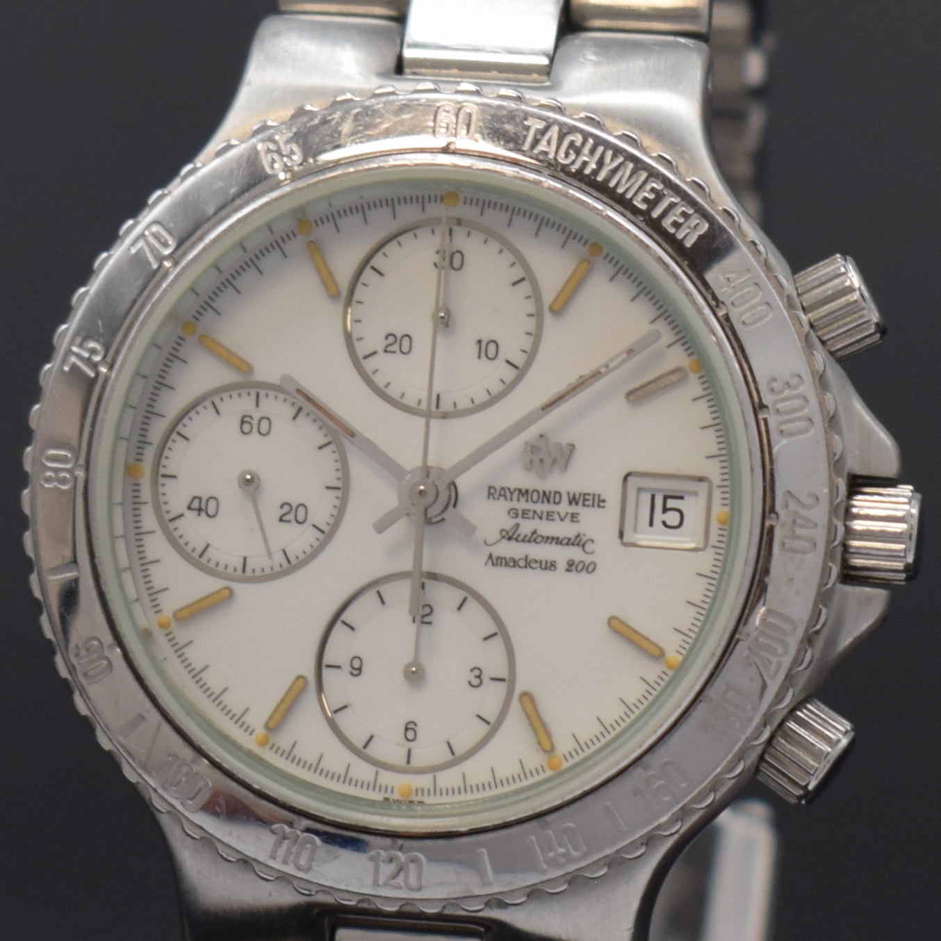 Detail a: RAYMOND WEIL Amadeus 200 Armbandchronograph in Stahl Referenz 7701, Schweiz um 1995, Automatik, orig. Gliederband m. dopp. Faltschl., Boden 8-fach ...