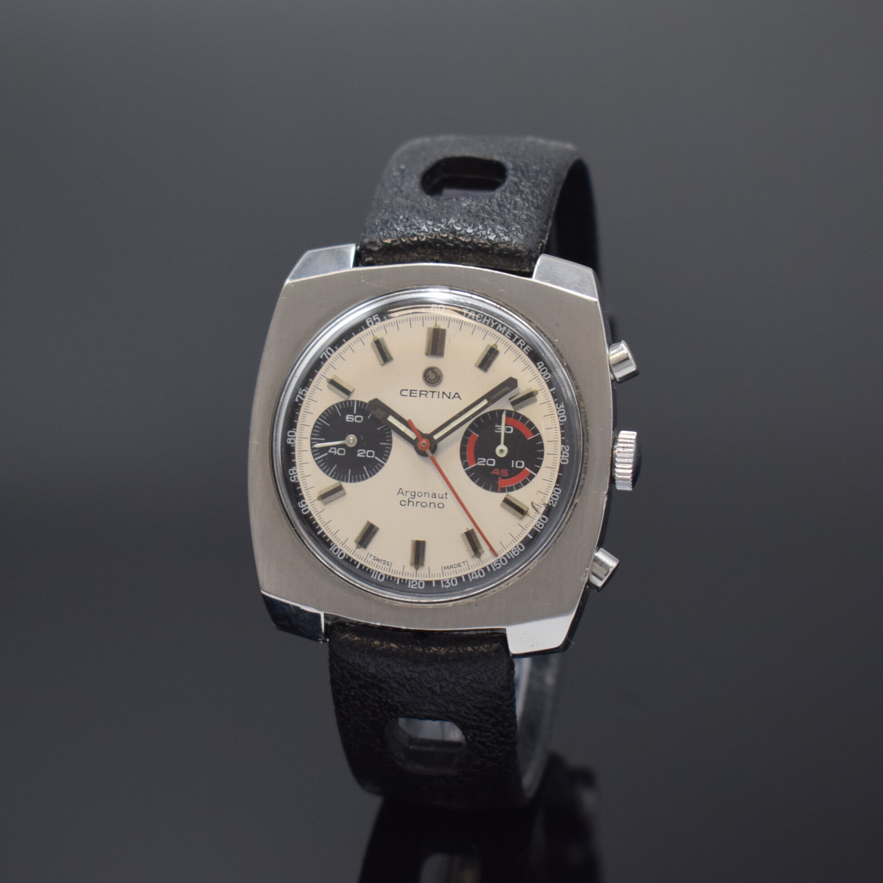 CERTINA Schaltradchronograph Argonaut Referenz 8401, Handaufzug, Schweiz um 1970, kissenförm. Edelstahlgeh., Boden verschr., Krone neutr. ers., ...