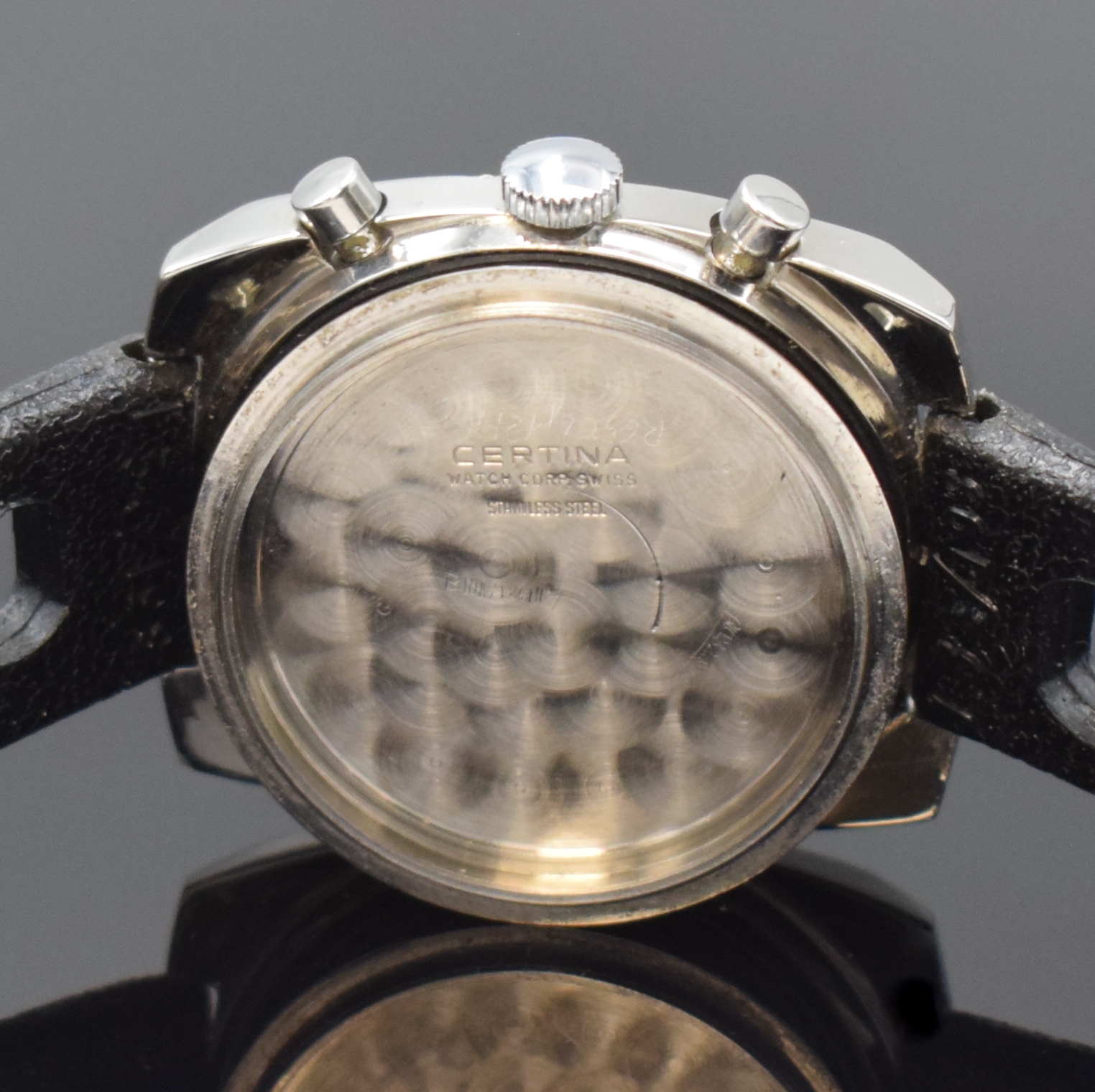 Detail e: CERTINA Schaltradchronograph Argonaut Referenz 8401, Handaufzug, Schweiz um 1970, kissenförm. Edelstahlgeh., Boden verschr., Krone neutr. ers., ...