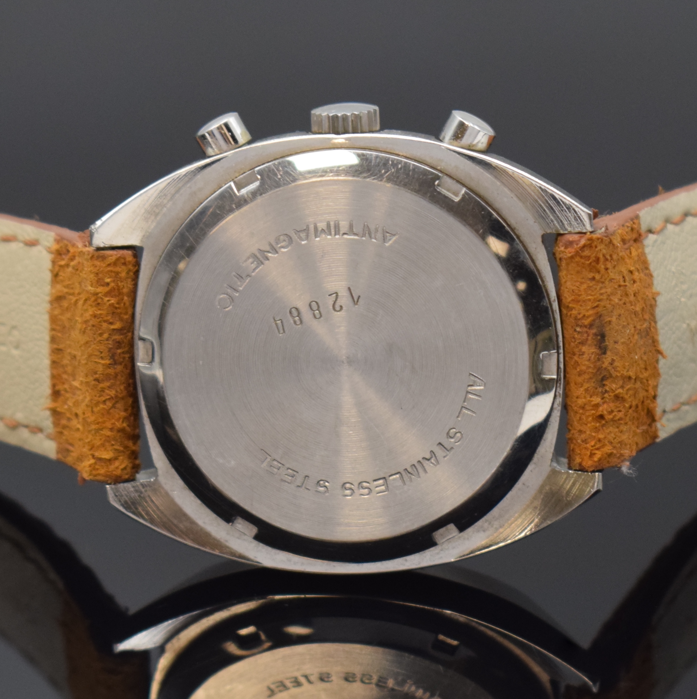Detail c: ATHOS Armbandchronograph, Handaufzug, Schweiz um 1970, Edelstahlgeh., Boden verschr., blaues Zifferbl. m. aufgel. Indizes, 30 Min. -Stoppz., Datum, ...