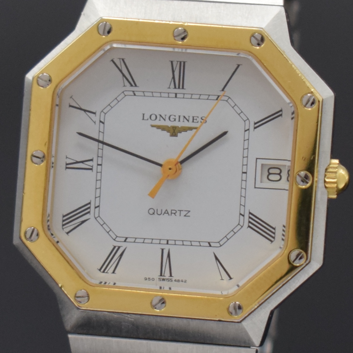 Detail a: LONGINES Armbanduhr Referenz 4842 950, Schweiz um 1980, quarz, octagonale, z. T. verg. Edelstahlgeh. inkl. Gliederband, Boden aufgedr., emailfarb. ...