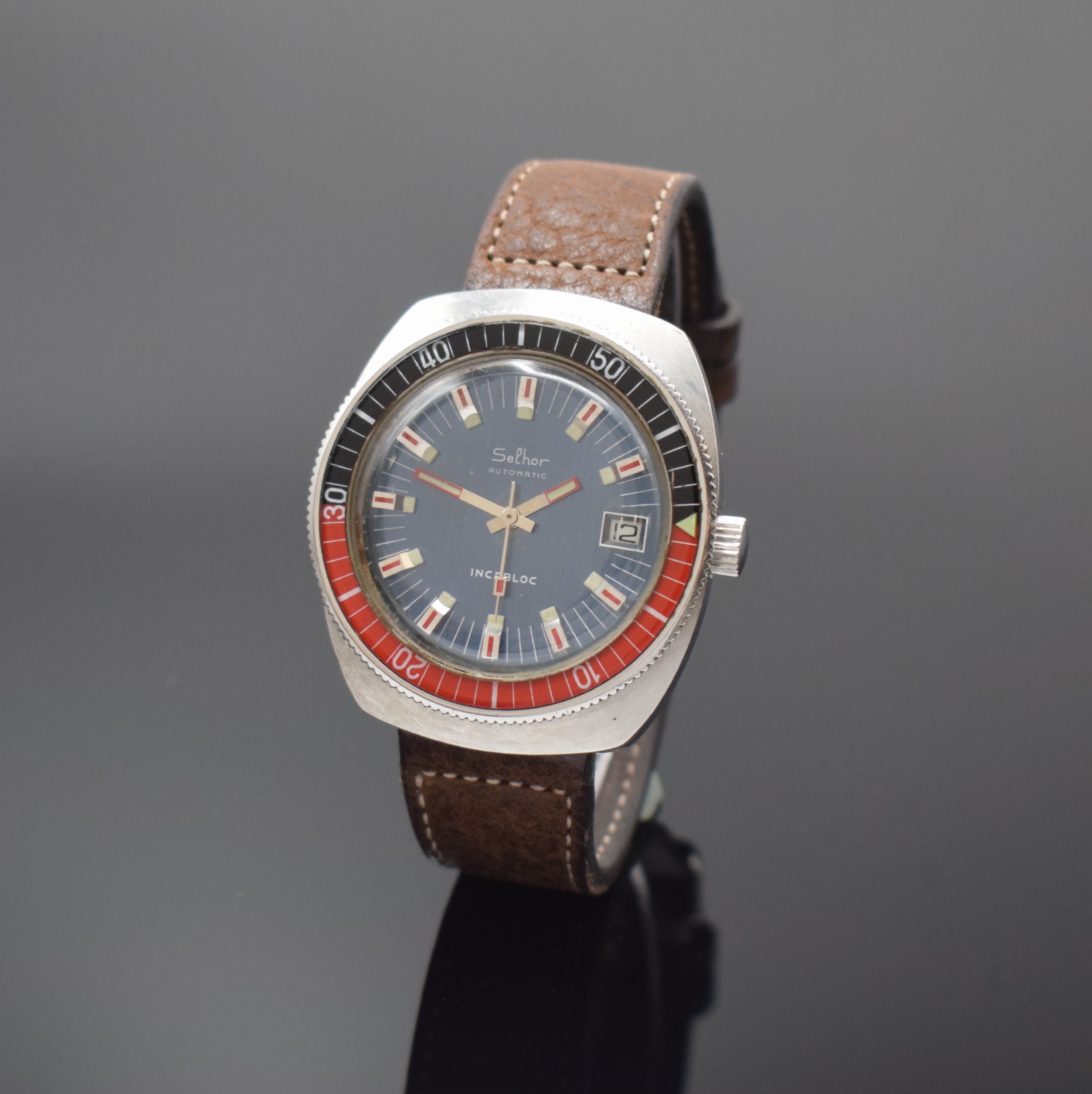 SELHOR Armbanduhr in Stahl, Automatik, Deutschland/Frankreich um 1970, Boden verschr., verschr. der Krone zu ern. (Tubus defekt), 2-farb., beids. ...