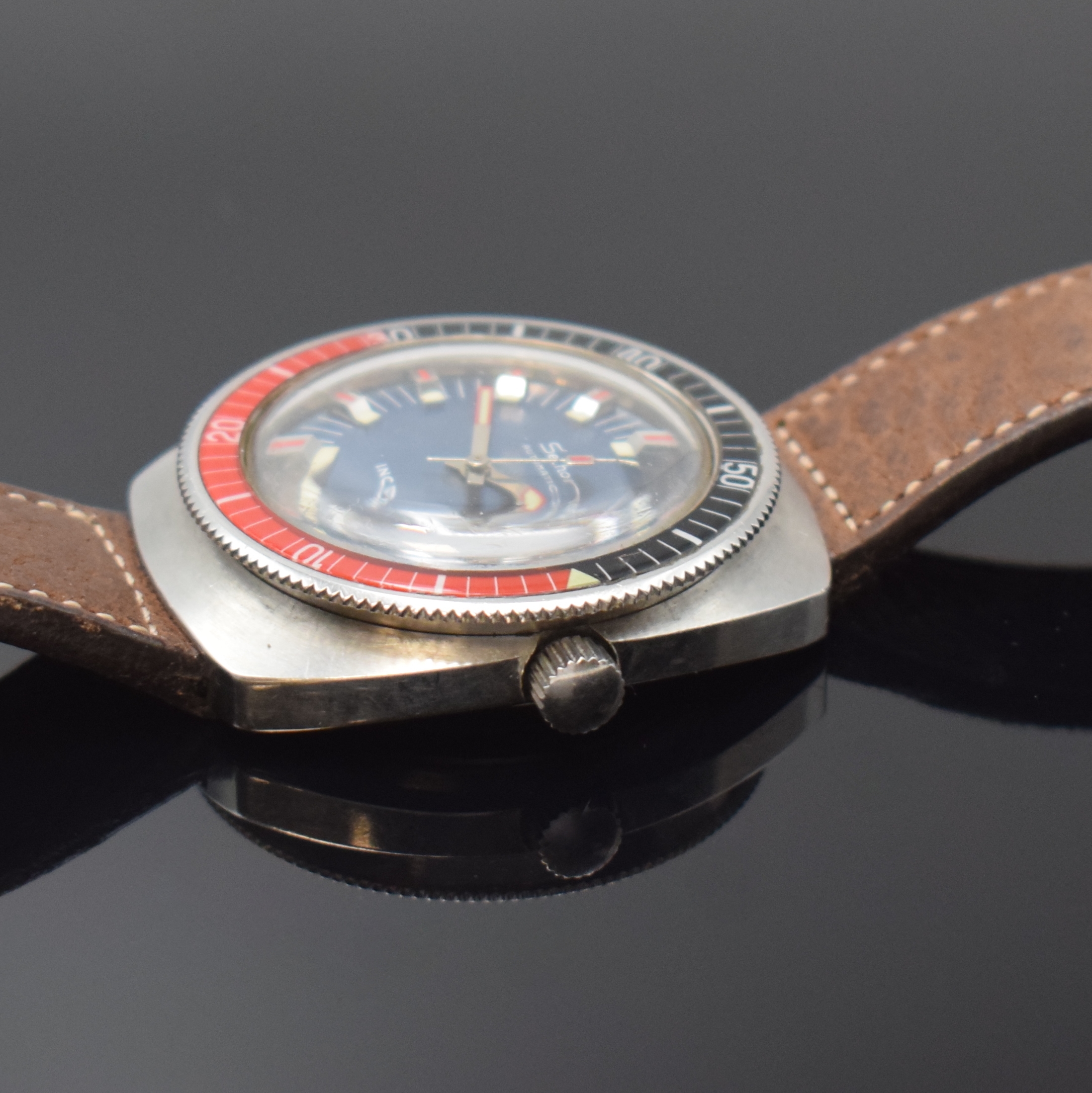 Detail b: SELHOR Armbanduhr in Stahl, Automatik, Deutschland/Frankreich um 1970, Boden verschr., verschr. der Krone zu ern. (Tubus defekt), 2-farb., beids. ...