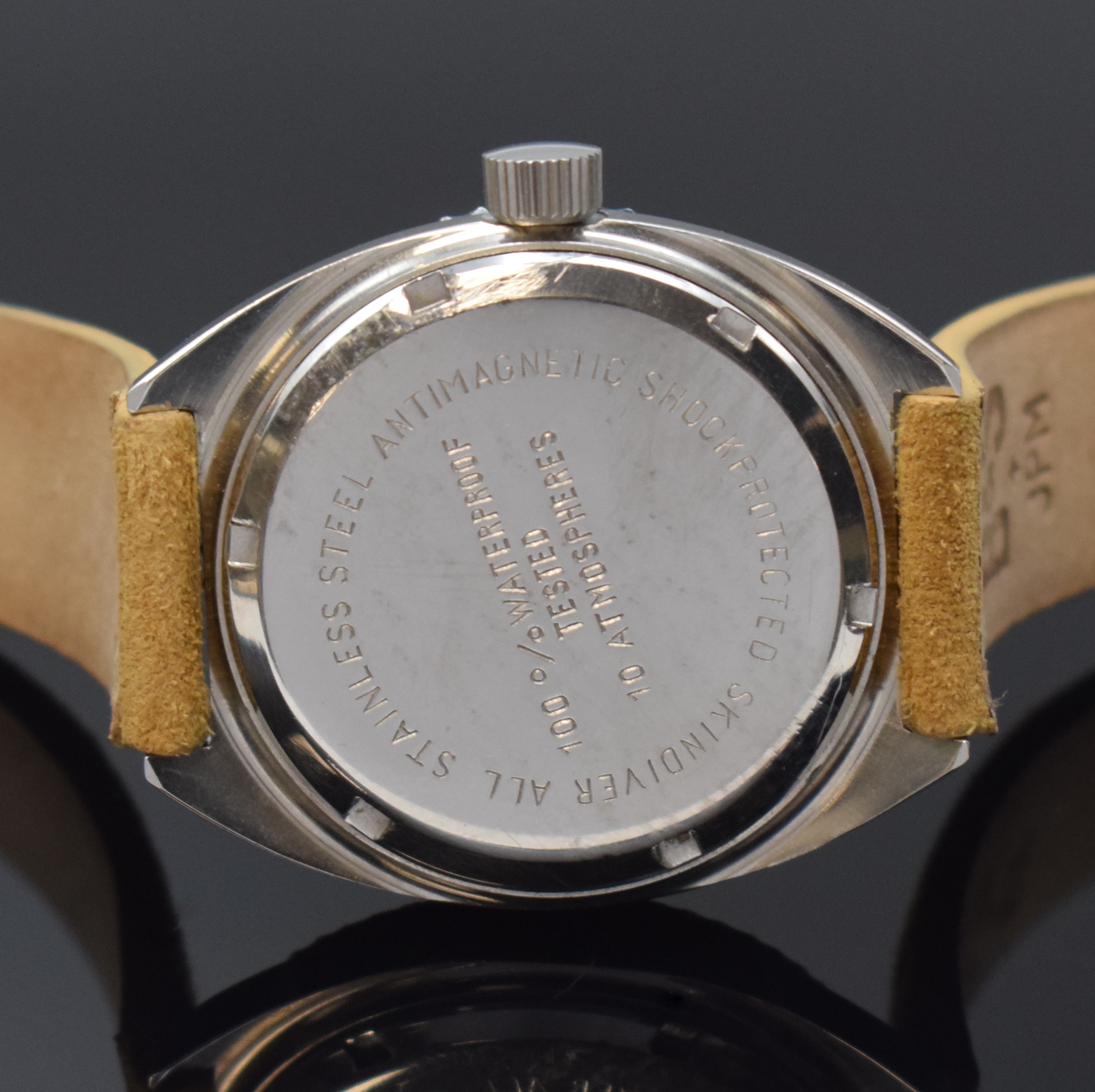 Detail c: BIFORA 115 Herrenarmbanduhr Skindiver, Handaufzug, Deutschland um 1960, Edelstahlgeh., Boden verschr., blaue Lünette m. 60er Teilung beids. drehb., ...