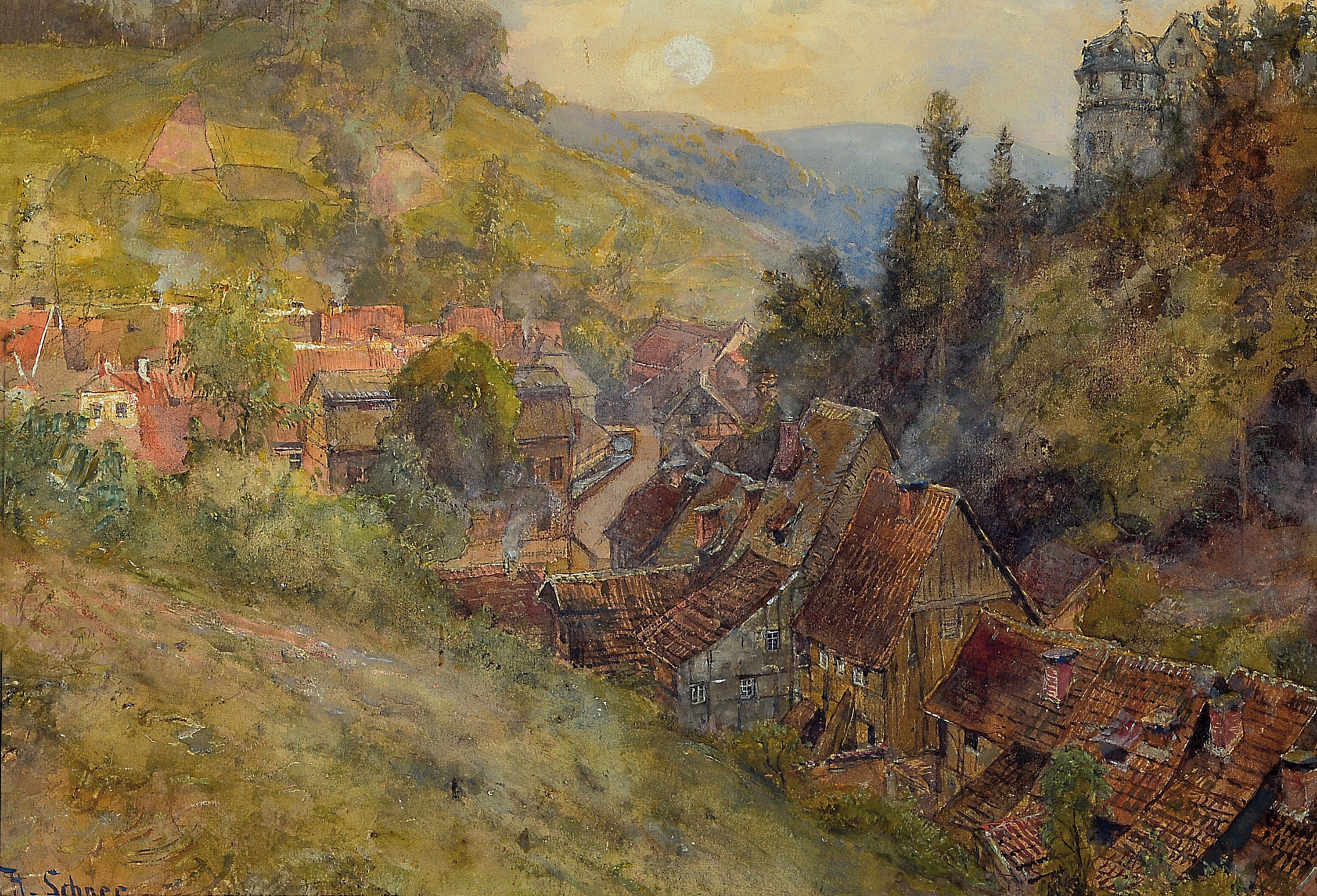 Hermann Schnee, 1840 Treuenbrietzen-1926 Berlin, Blick auf Stolberg im Harz, rechts mit dem Schloss Stolberg, Zeichnung/Aquarell auf Papier, links ...