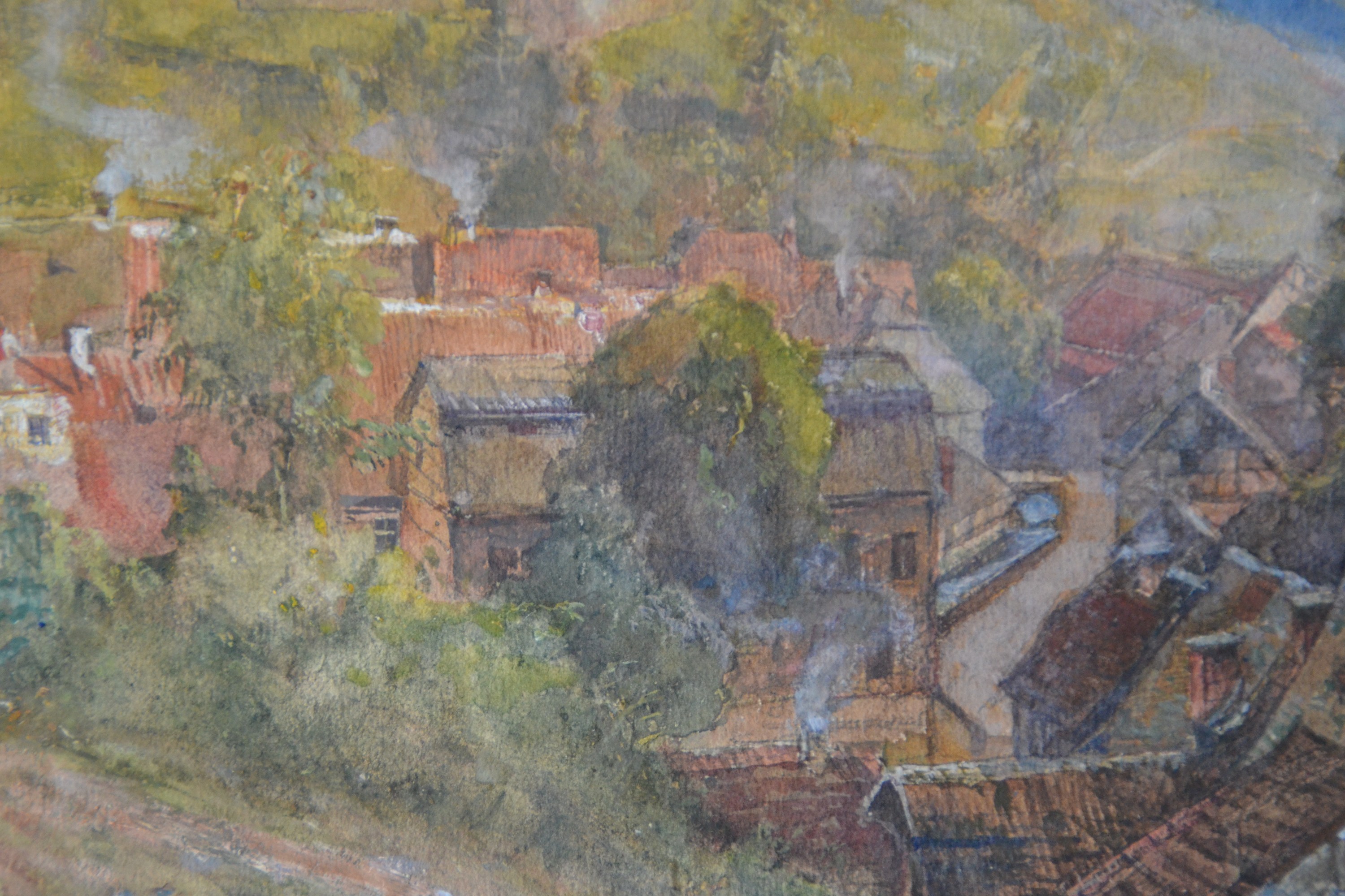 Detail c: Hermann Schnee, 1840 Treuenbrietzen-1926 Berlin, Blick auf Stolberg im Harz, rechts mit dem Schloss Stolberg, Zeichnung/Aquarell auf Papier, links ...