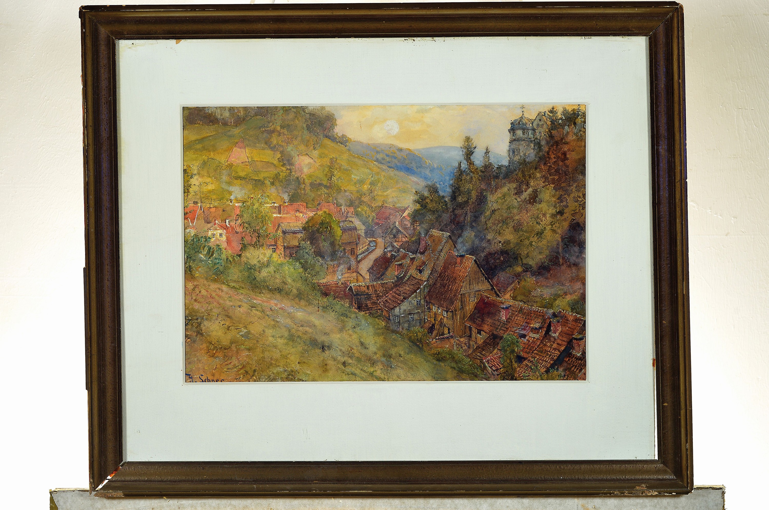 Detail k: Hermann Schnee, 1840 Treuenbrietzen-1926 Berlin, Blick auf Stolberg im Harz, rechts mit dem Schloss Stolberg, Zeichnung/Aquarell auf Papier, links ...