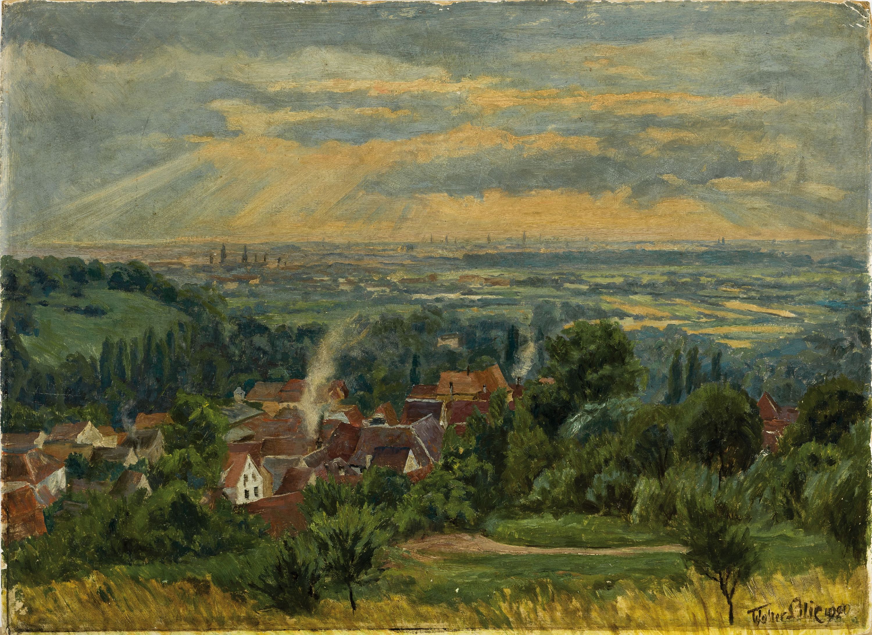 Detail k: Walter Lilie, 1876 Leipzig-1924 Schwetzingen , süddeutsche Landschaft, Blick in die Rheinebene, wohl Umkreis Mosbach, rechts unten signiert und ...