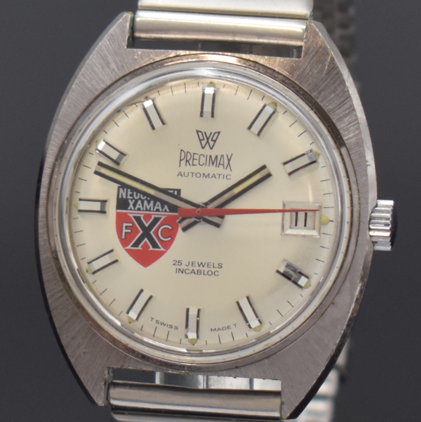 Detail a: PRECIMAX / Neuchatel XAMAX FXC Armbanduhr, Schweiz um 1970, Automatik, verchr. Geh., Edelstahlboden verschr., neutr. Stahlband, silb. Zifferbl. m. ...