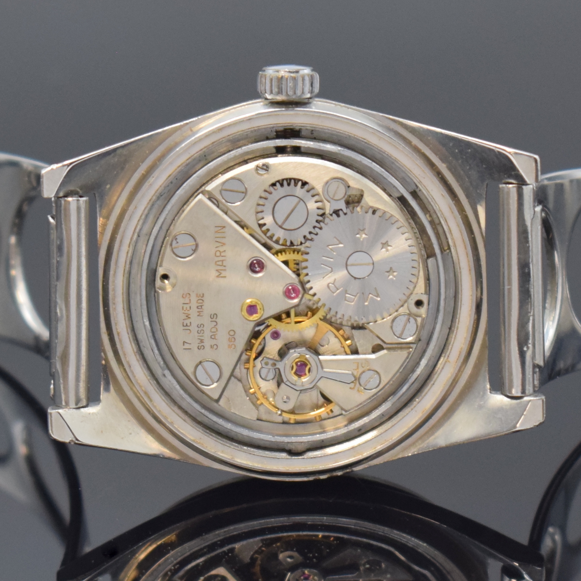 Detail d: MARVIN Flying Dutchman Hermetic Herrenarmbanduhr, Handaufzug, Schweiz um 1950, Edelstahlgeh. inkl. neutr. Gliederband, Boden verschr., Indexlünette, ...