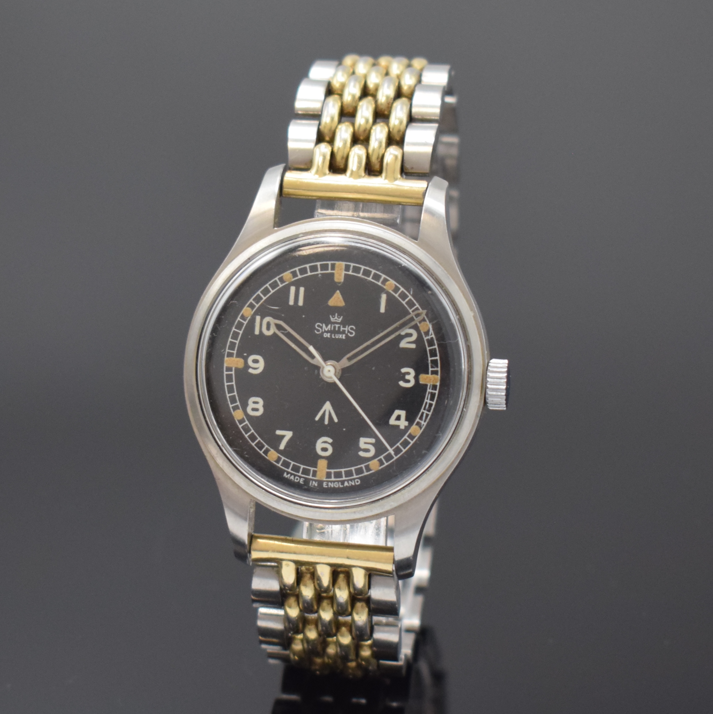 SMITHS De Luxe Herrenarmbanduhr für das britische Militär, England um 1969, Handaufzug, Stahlgeh., geschr. Boden sign. WIO/6645-99-961-4045 und ...