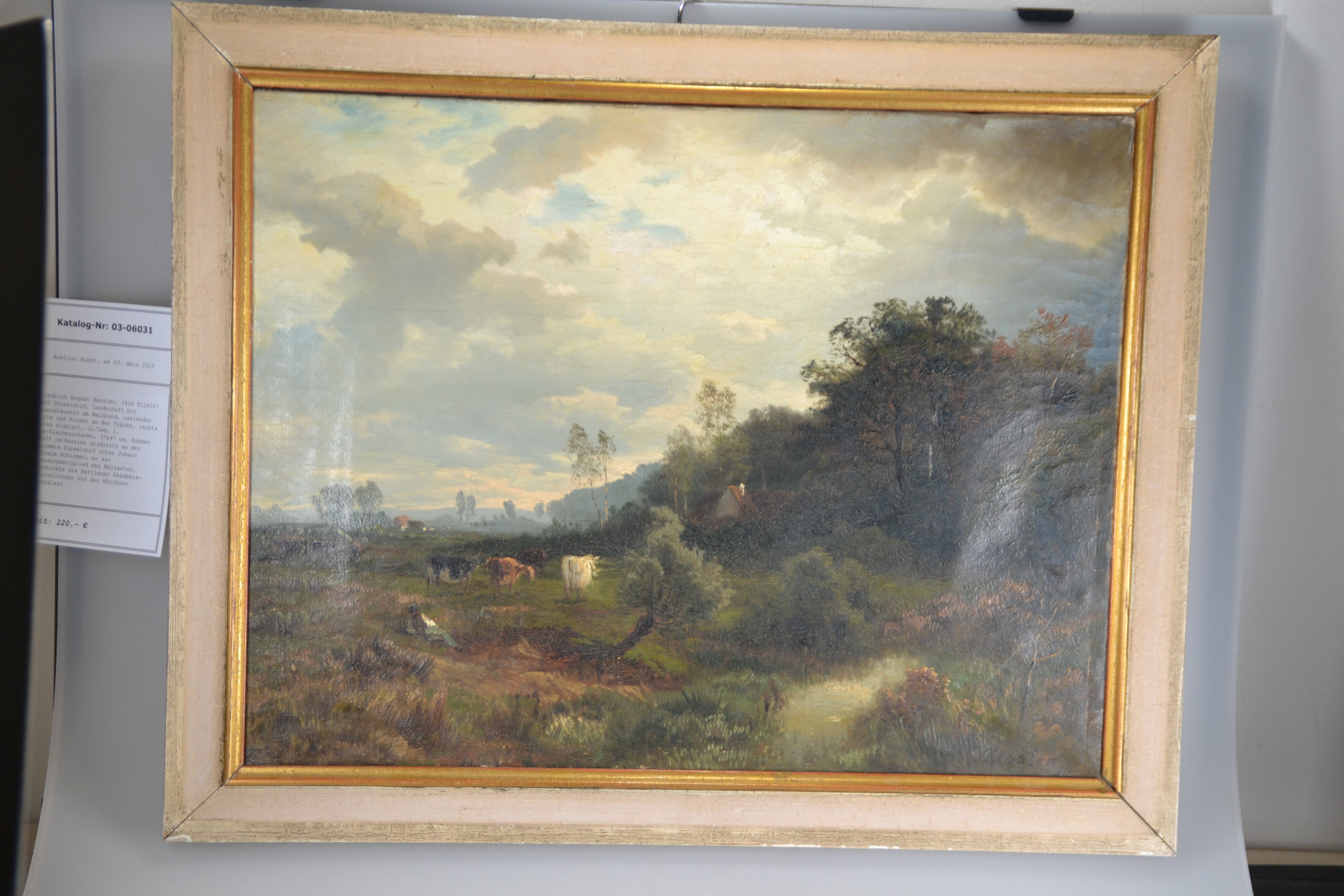 Detail a: Friedrich August Kessler, 1826 Tilsit-1906 Düsseldorf, Landschaft mit Bauernhäusern am Waldrand, rastender Hirte und Rinder an der Tränke, rechts ...