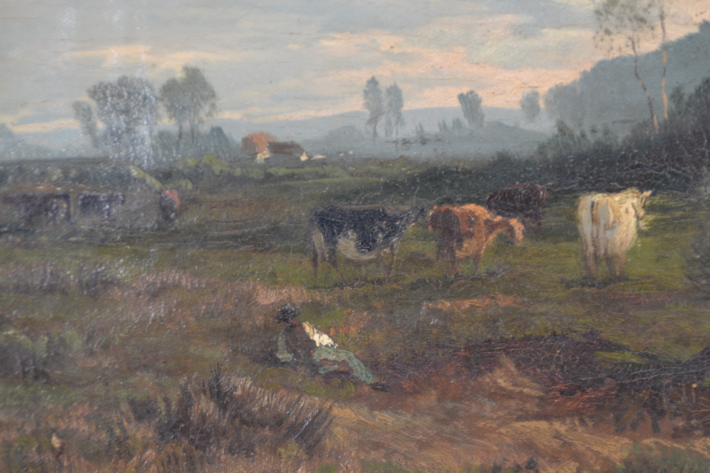 Detail b: Friedrich August Kessler, 1826 Tilsit-1906 Düsseldorf, Landschaft mit Bauernhäusern am Waldrand, rastender Hirte und Rinder an der Tränke, rechts ...