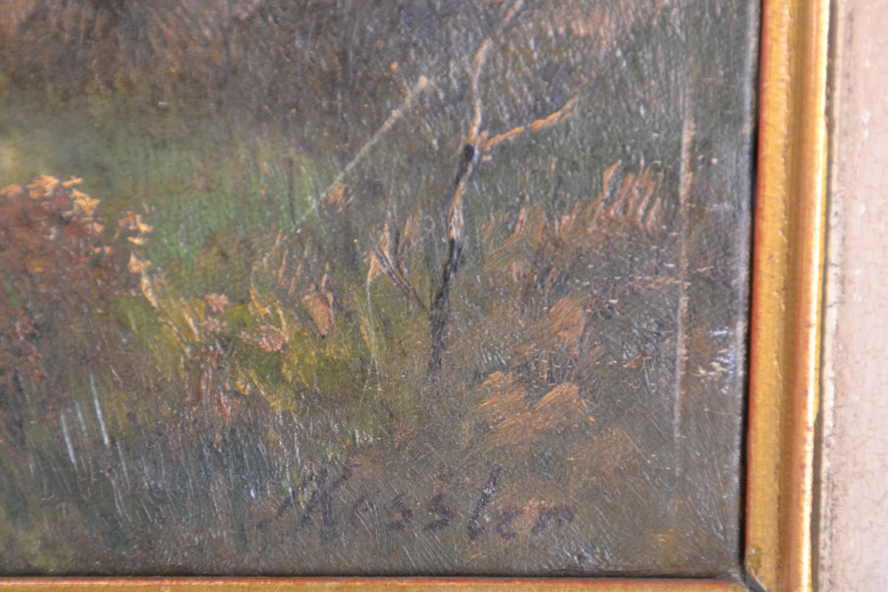 Detail c: Friedrich August Kessler, 1826 Tilsit-1906 Düsseldorf, Landschaft mit Bauernhäusern am Waldrand, rastender Hirte und Rinder an der Tränke, rechts ...