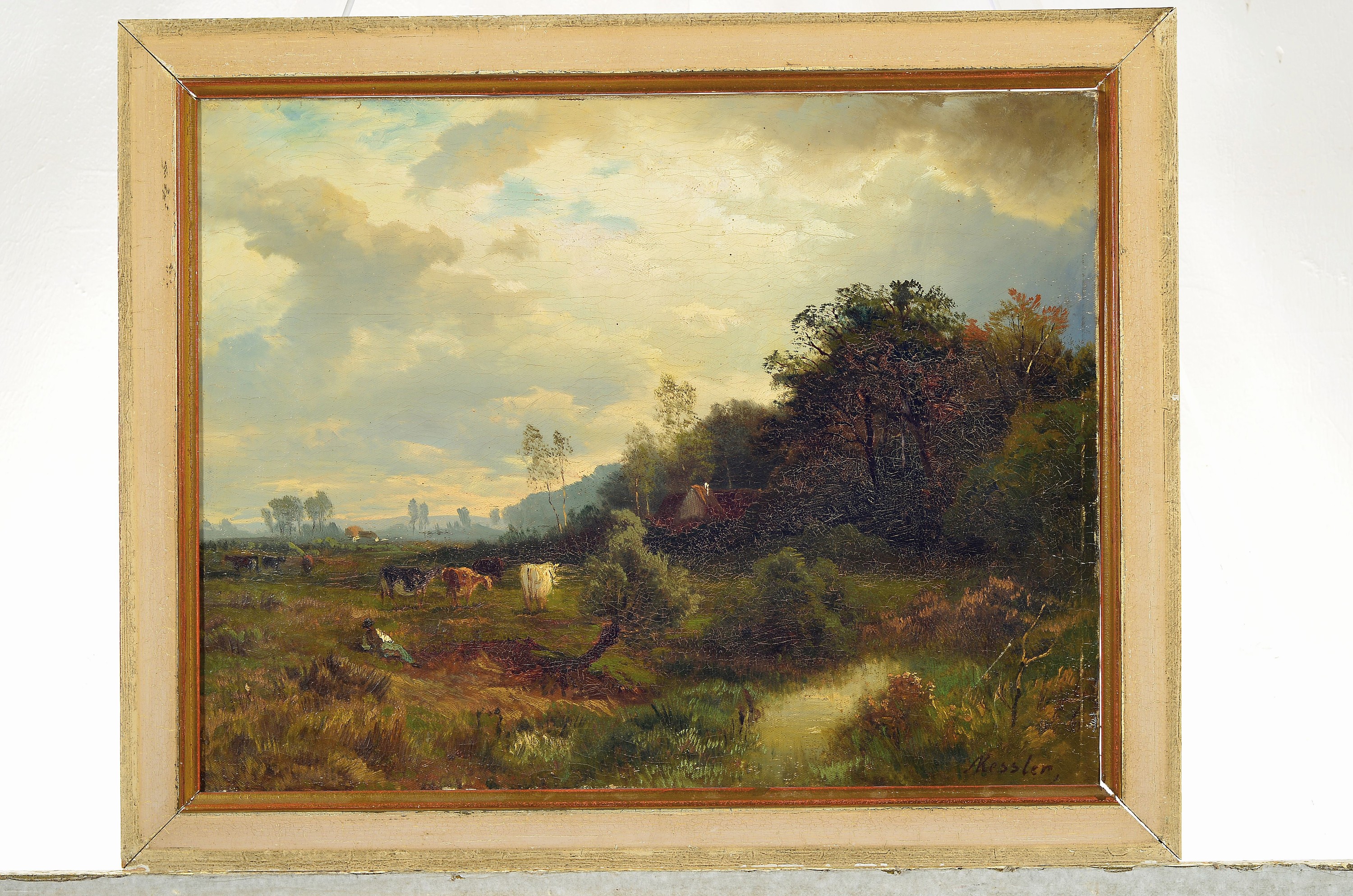 Detail k: Friedrich August Kessler, 1826 Tilsit-1906 Düsseldorf, Landschaft mit Bauernhäusern am Waldrand, rastender Hirte und Rinder an der Tränke, rechts ...