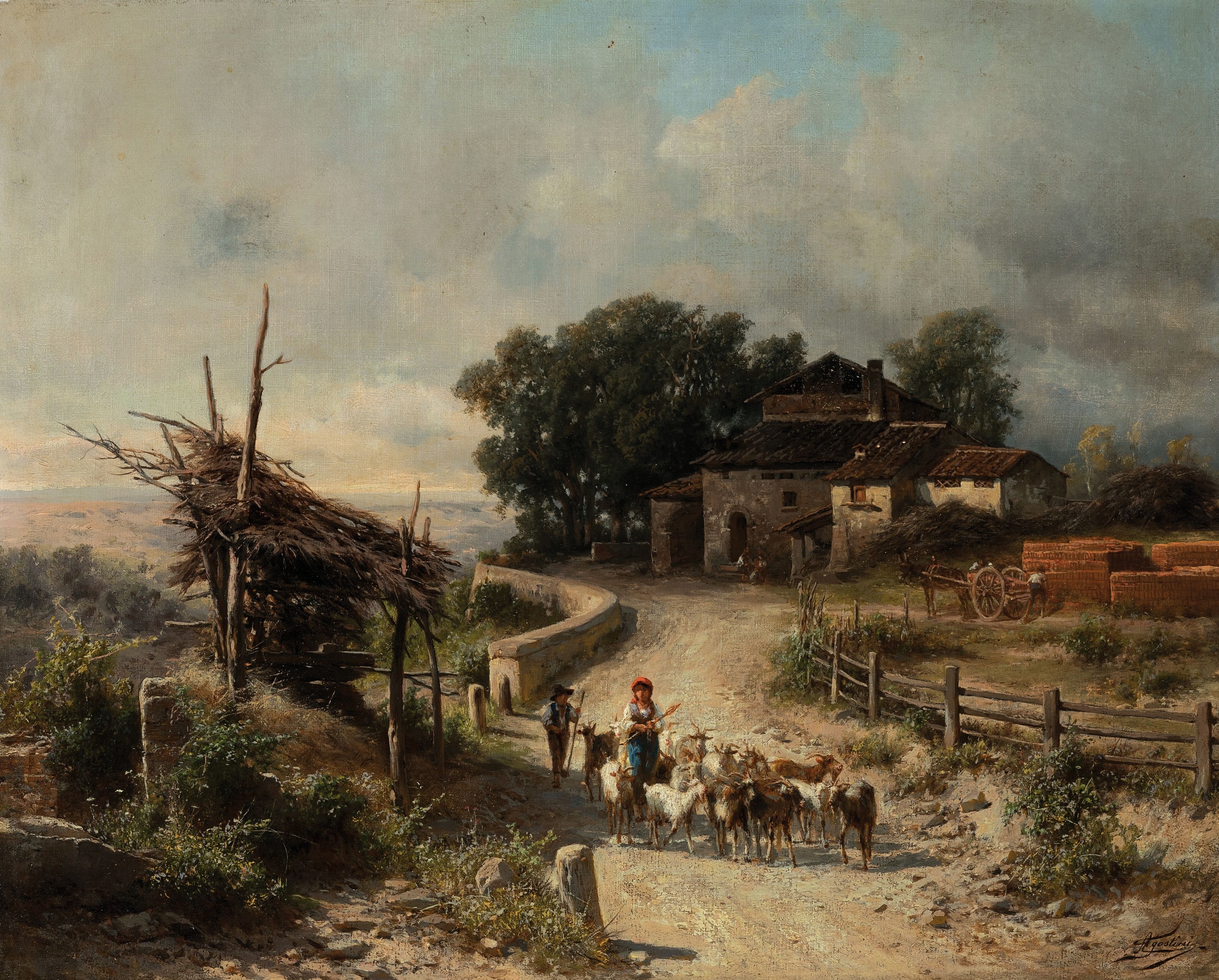 Guido Agostini, erw. zwischen 1865 und 1898,Landschaft mit Bauerngehöft, im Vordergrund Mädchen mit einer Herde Ziegen, Öl/Lwd, rechts unten ...
