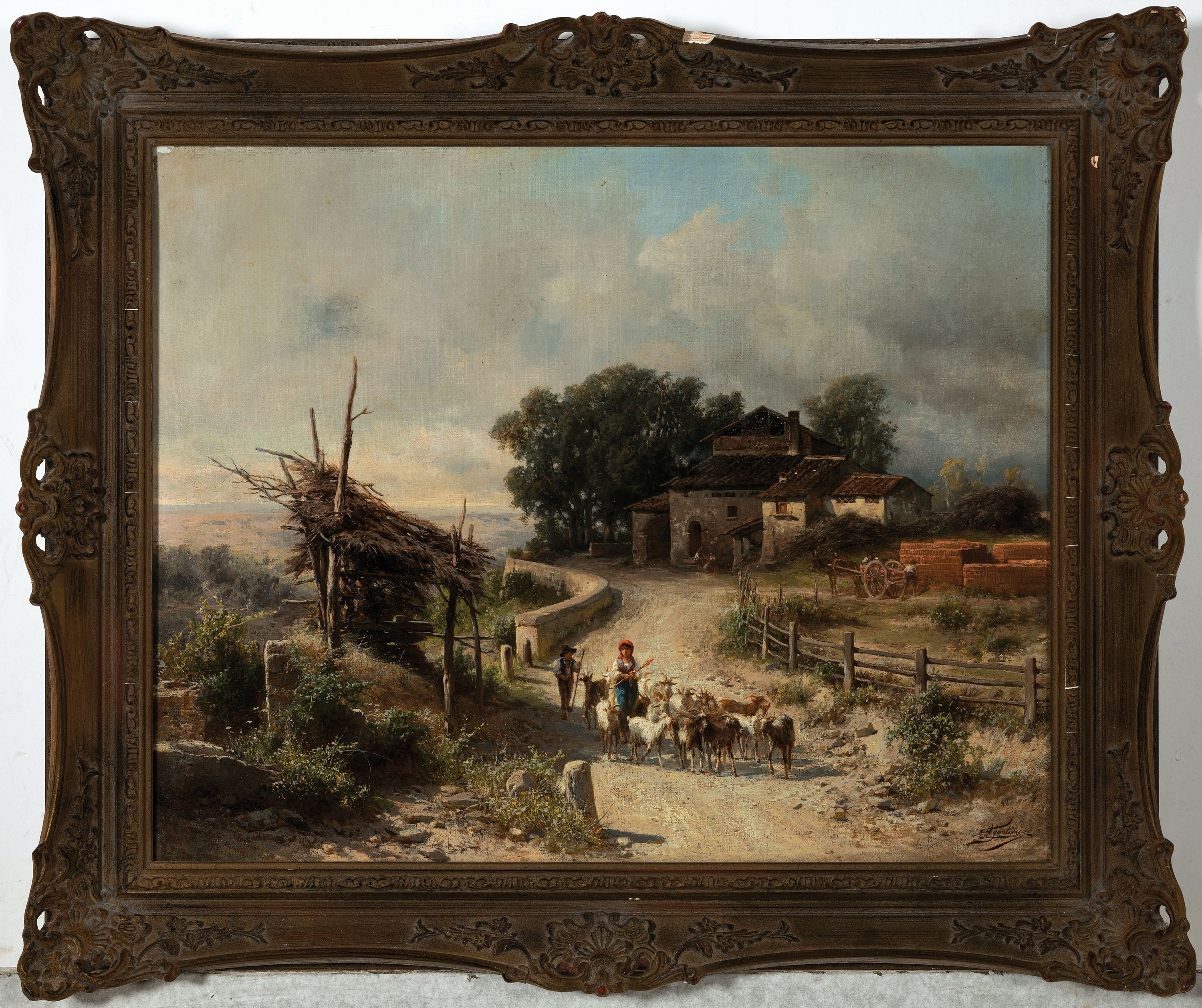 Detail k: Guido Agostini, erw. zwischen 1865 und 1898,Landschaft mit Bauerngehöft, im Vordergrund Mädchen mit einer Herde Ziegen, Öl/Lwd, rechts unten ...