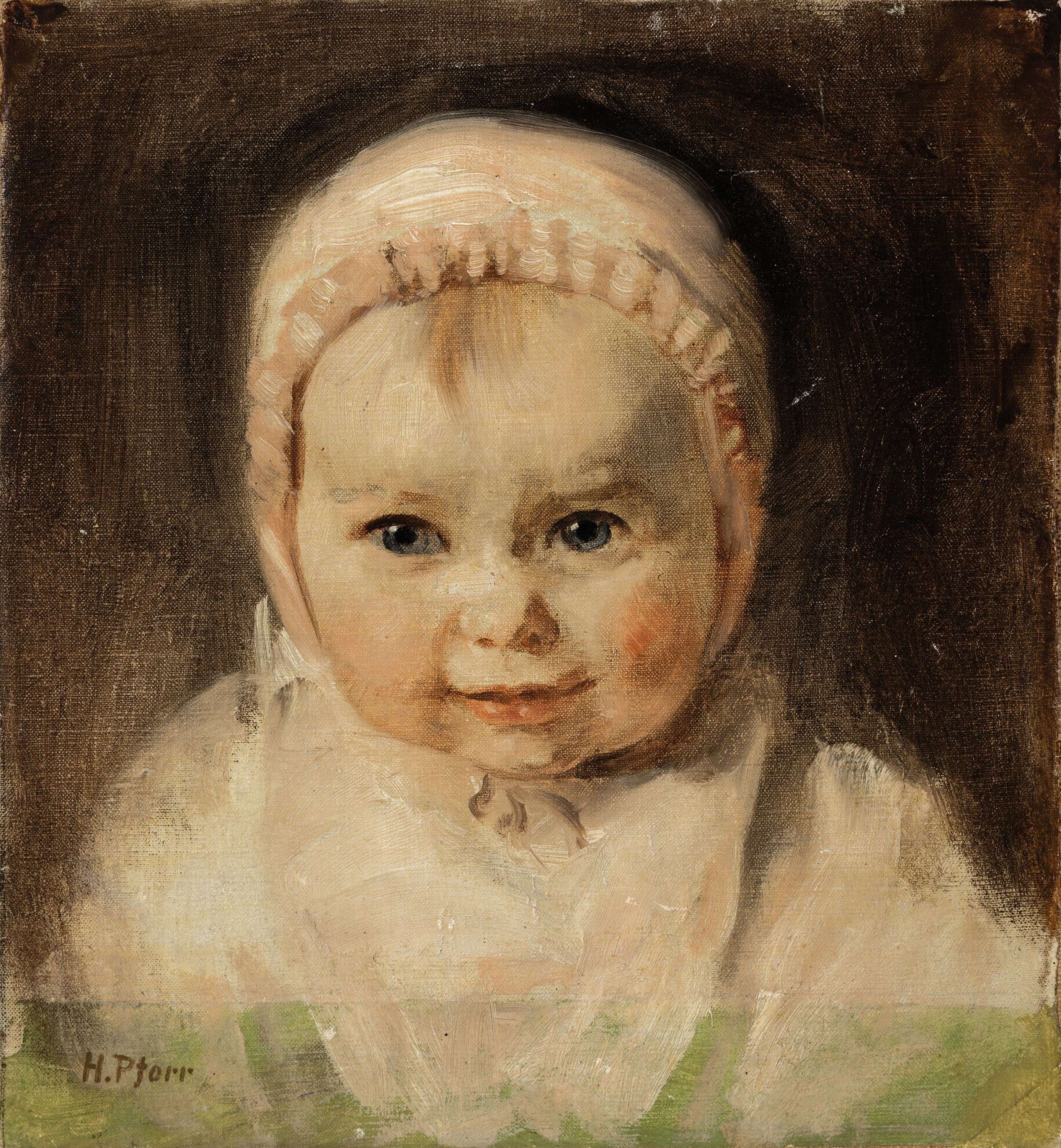 Detail k: Heinrich Pforr, 1880 Laudenbach-1970 Hann Münden, Porträt eines Babys mit Haube, Öl/Lwd, links unten sign., ca. 27x25cm