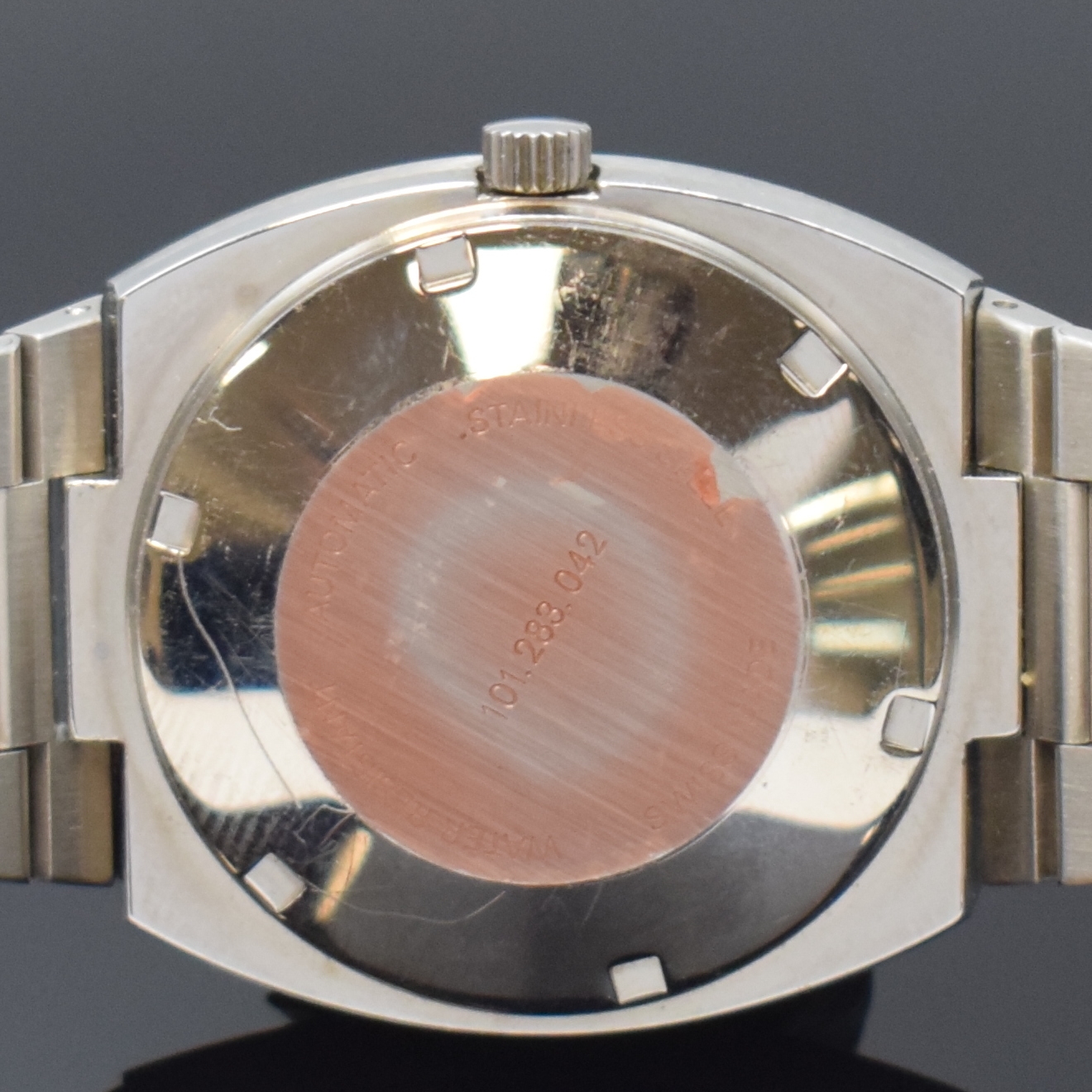 Detail d: ROAMER Searock Automatic nahezu neuwertige Armbanduhr in Stahl mit Stahlband, Schweiz um 1975, Automatik, verschr. Geh. m. integr. Band, Mineralglas, ...
