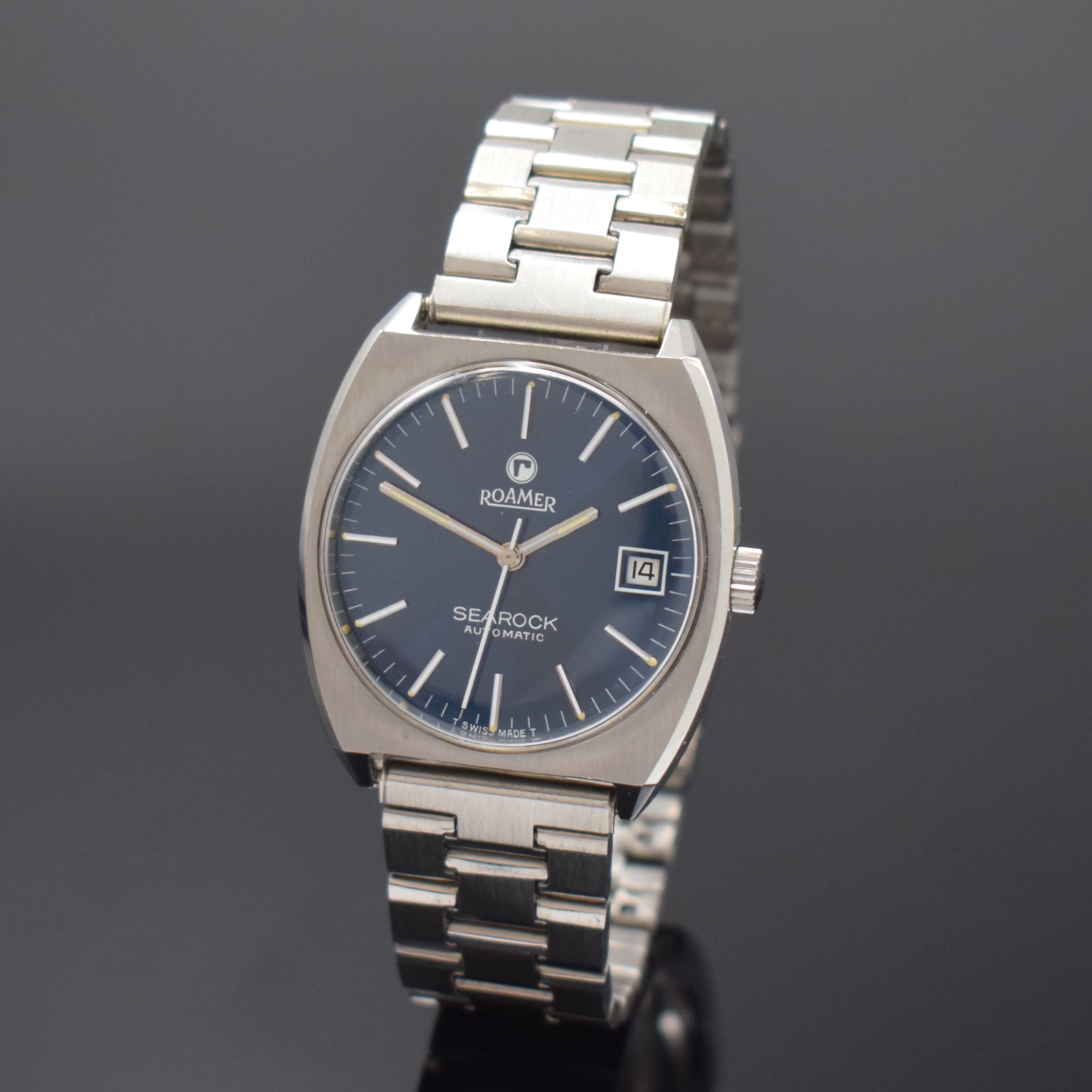 ROAMER Searock Automatic nahezu neuwertige Armbanduhr in Stahl/Stahlband, Schweiz um 1970, Automatik, verschr. Geh., unsign. Stahlband, petrol-farb. ...